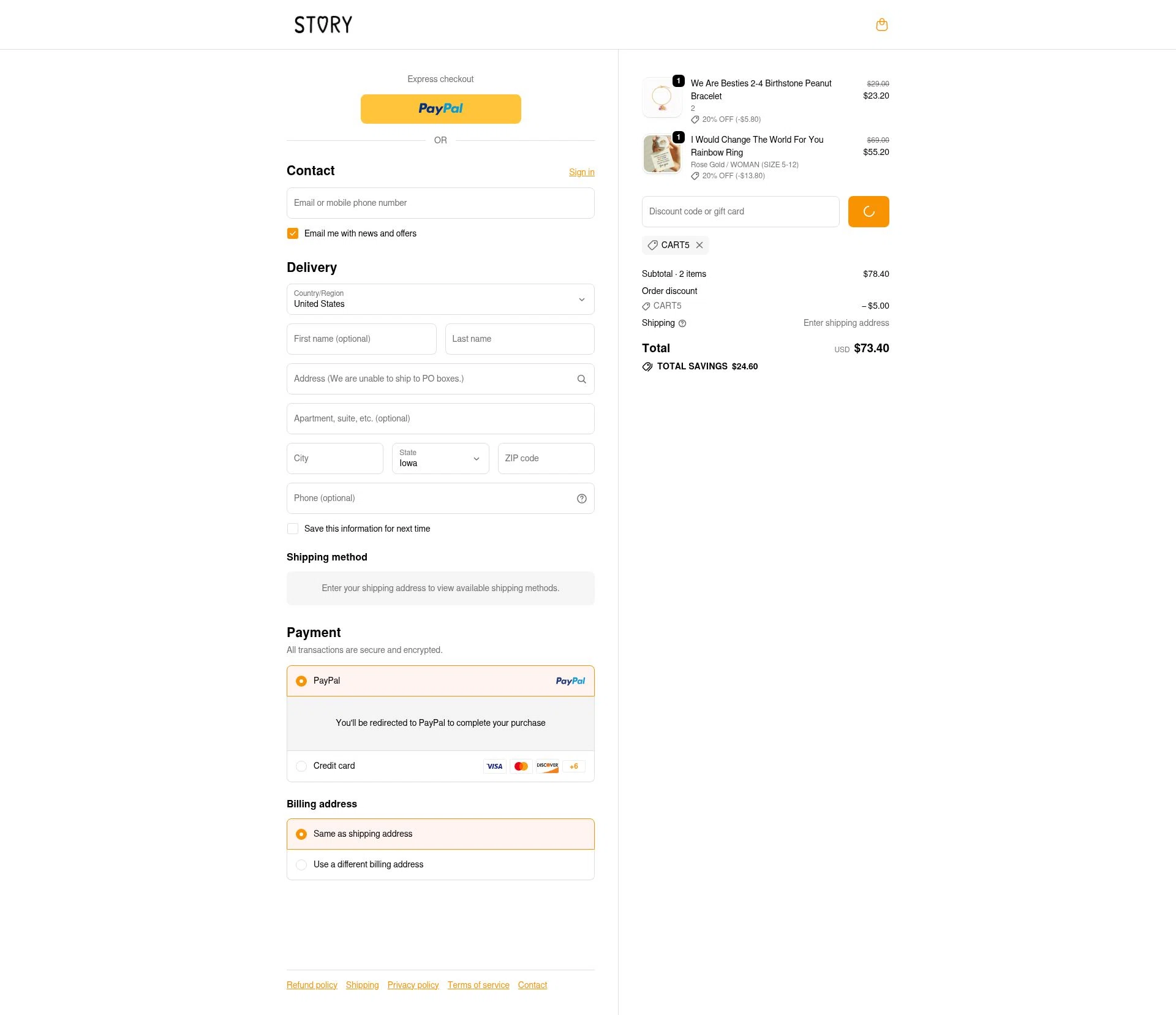 Story Jewellery checkout page showing Story Jewellery discount code box | Screenshot taken by SimplyCodes community member on Feb 18, 2026