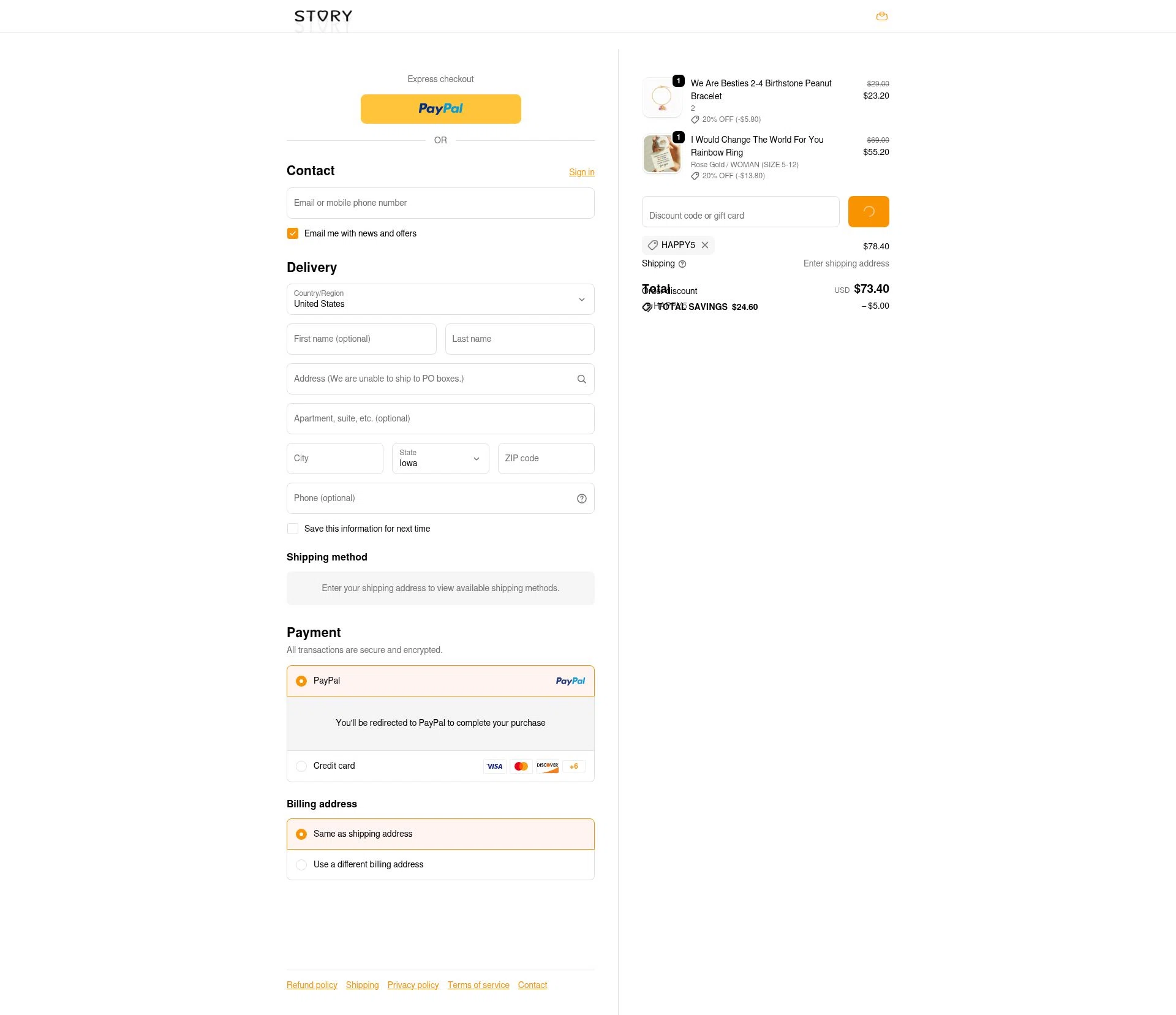 Story Jewellery checkout page showing Story Jewellery discount code box | Screenshot taken by SimplyCodes community member on Feb 18, 2026