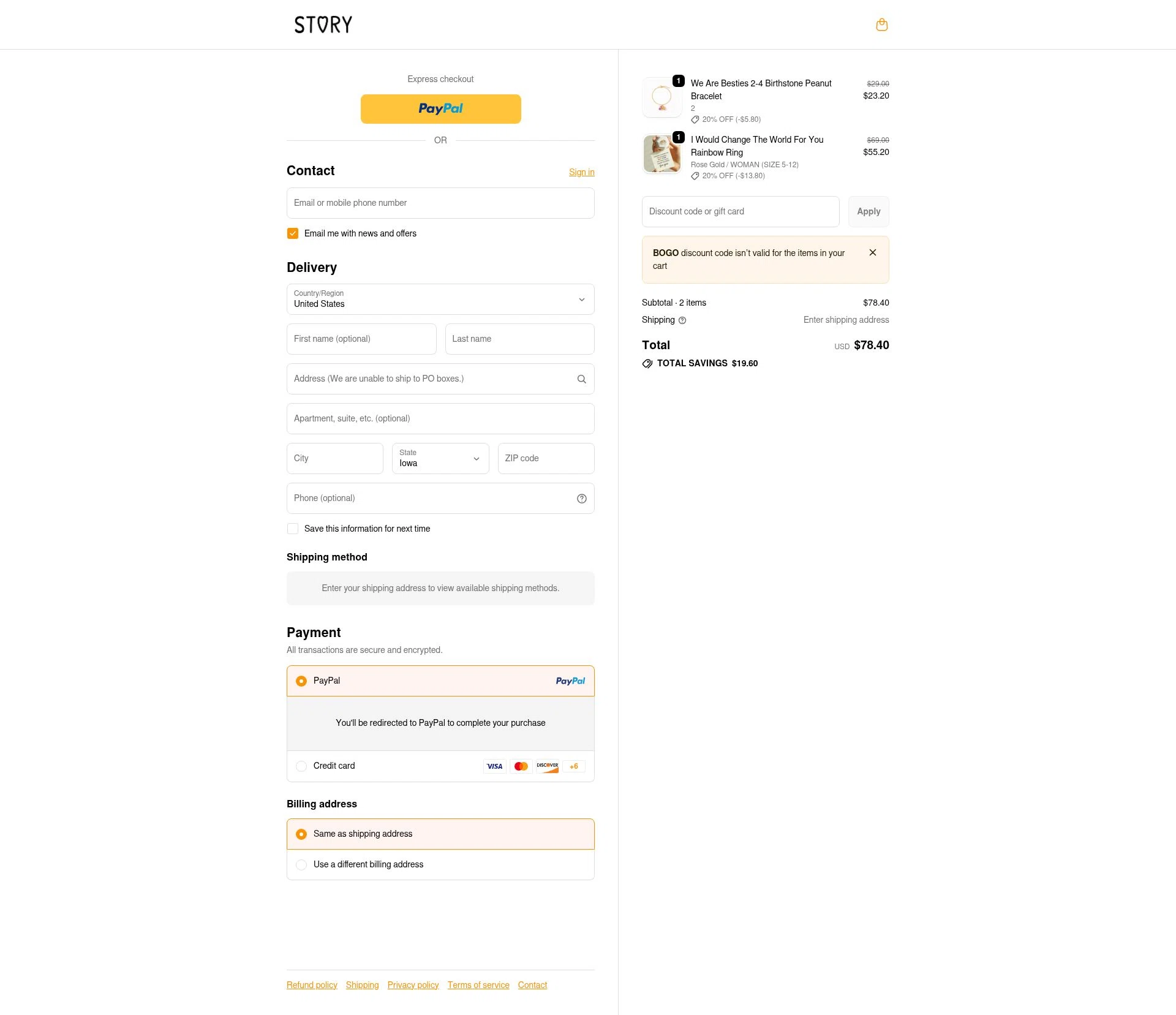Story Jewellery checkout page showing Story Jewellery discount code box | Screenshot taken by SimplyCodes community member on Feb 18, 2026