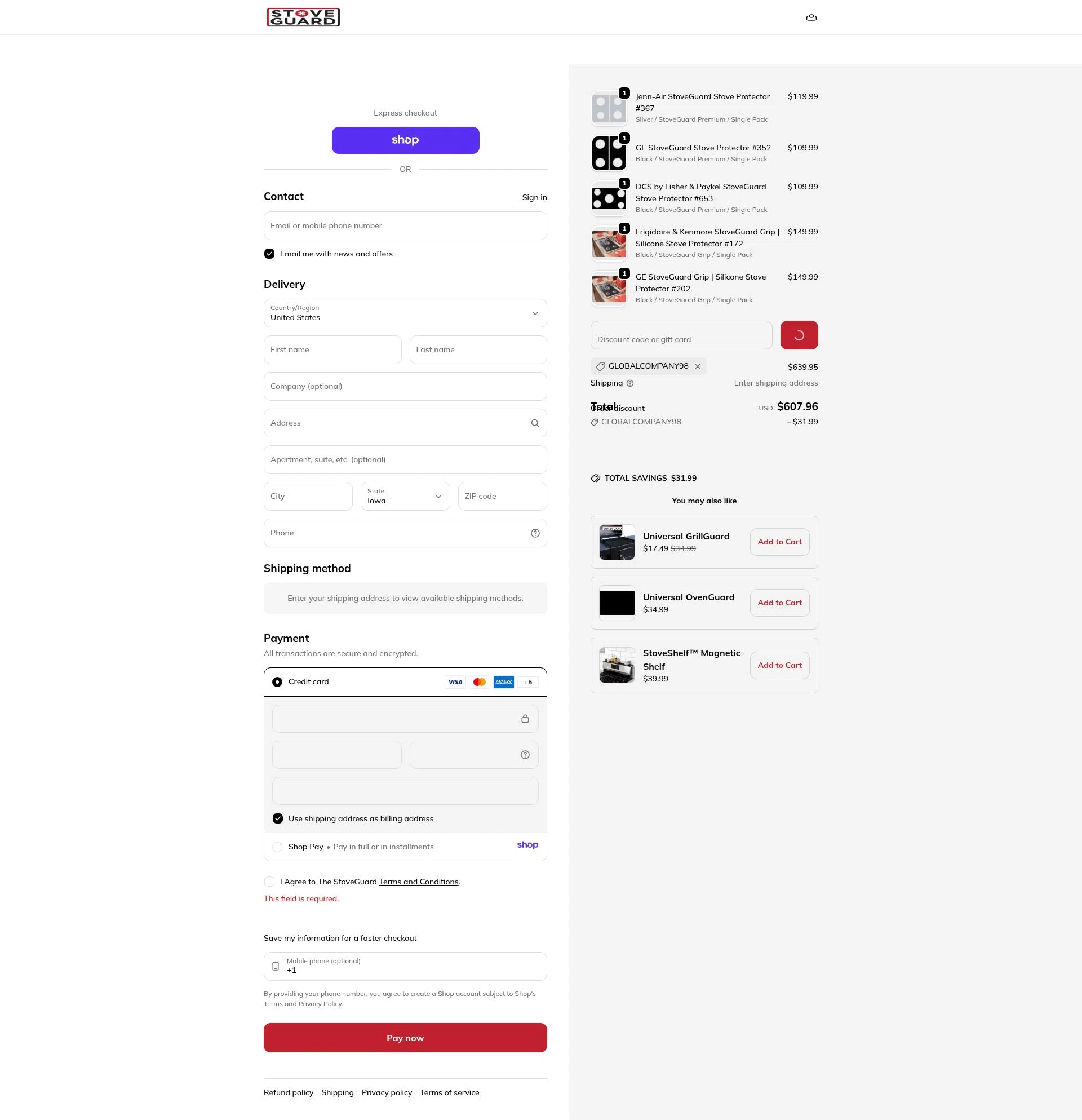 Stoveguard checkout page showing Stoveguard discount code box | Screenshot taken by SimplyCodes community member on Jan 14, 2026