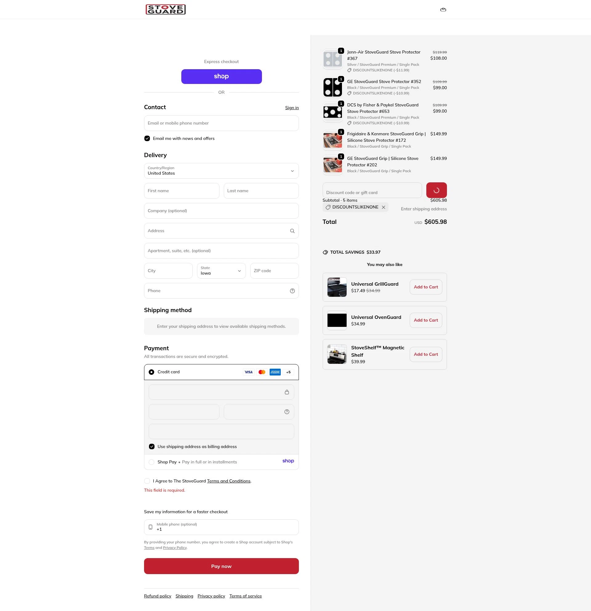 Stoveguard checkout page showing Stoveguard discount code box | Screenshot taken by SimplyCodes community member on Jan 14, 2026
