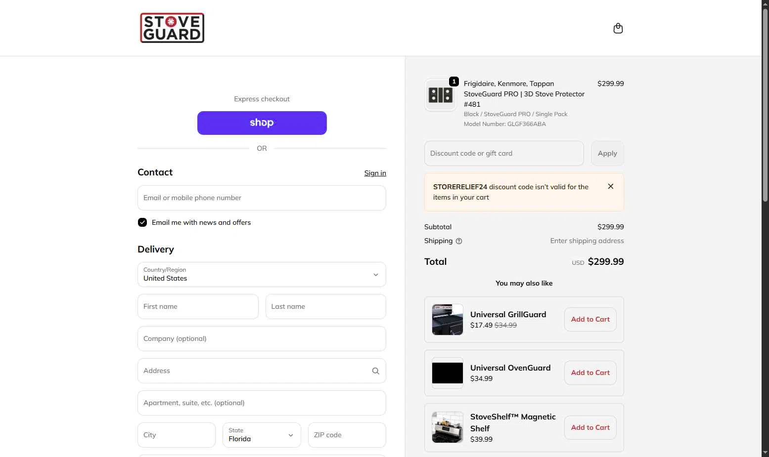 Stoveguard checkout page showing Stoveguard discount code box | Screenshot taken by SimplyCodes community member on Jan 23, 2026