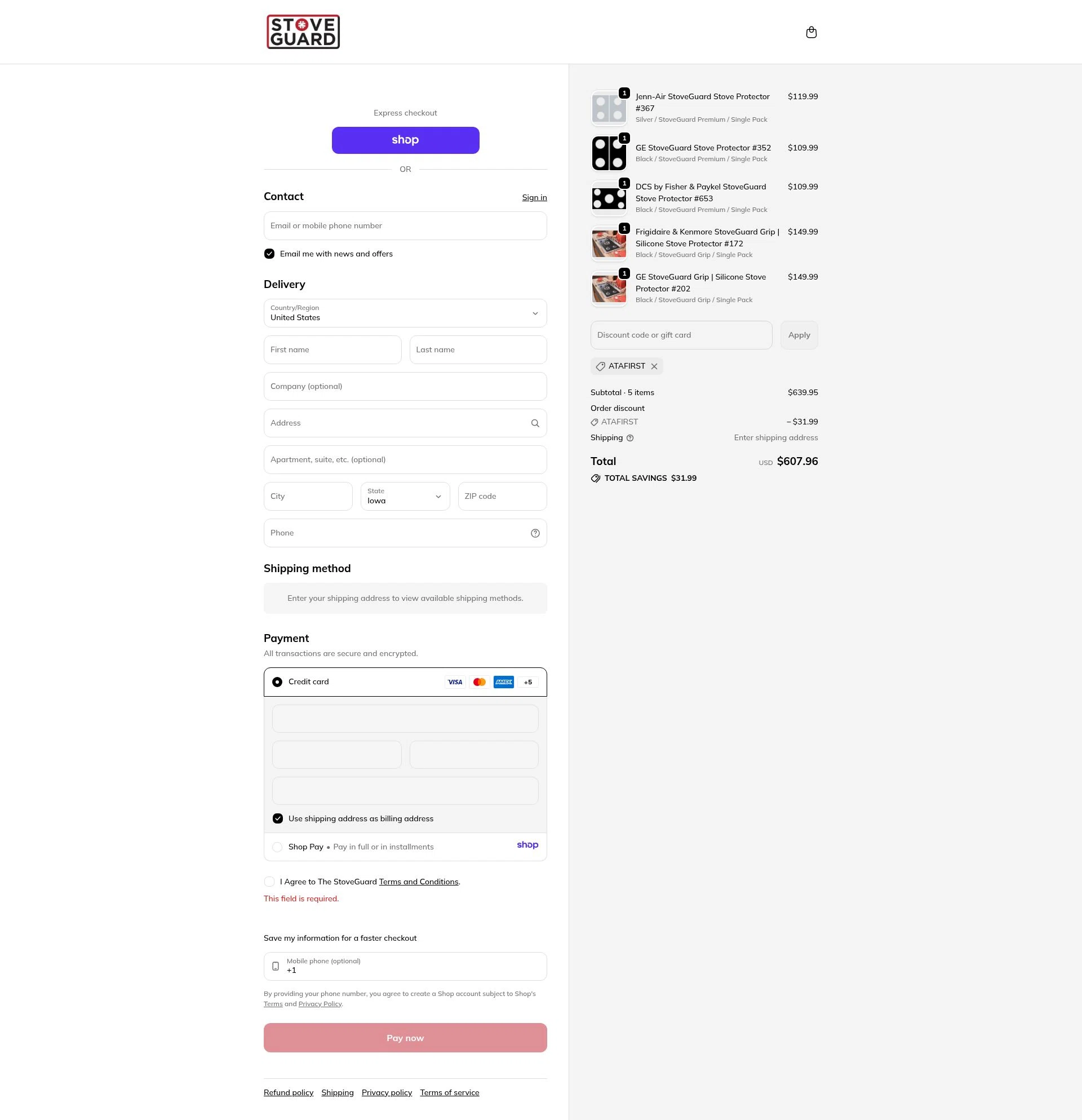 Stoveguard checkout page showing Stoveguard discount code box | Screenshot taken by SimplyCodes community member on Jan 14, 2026