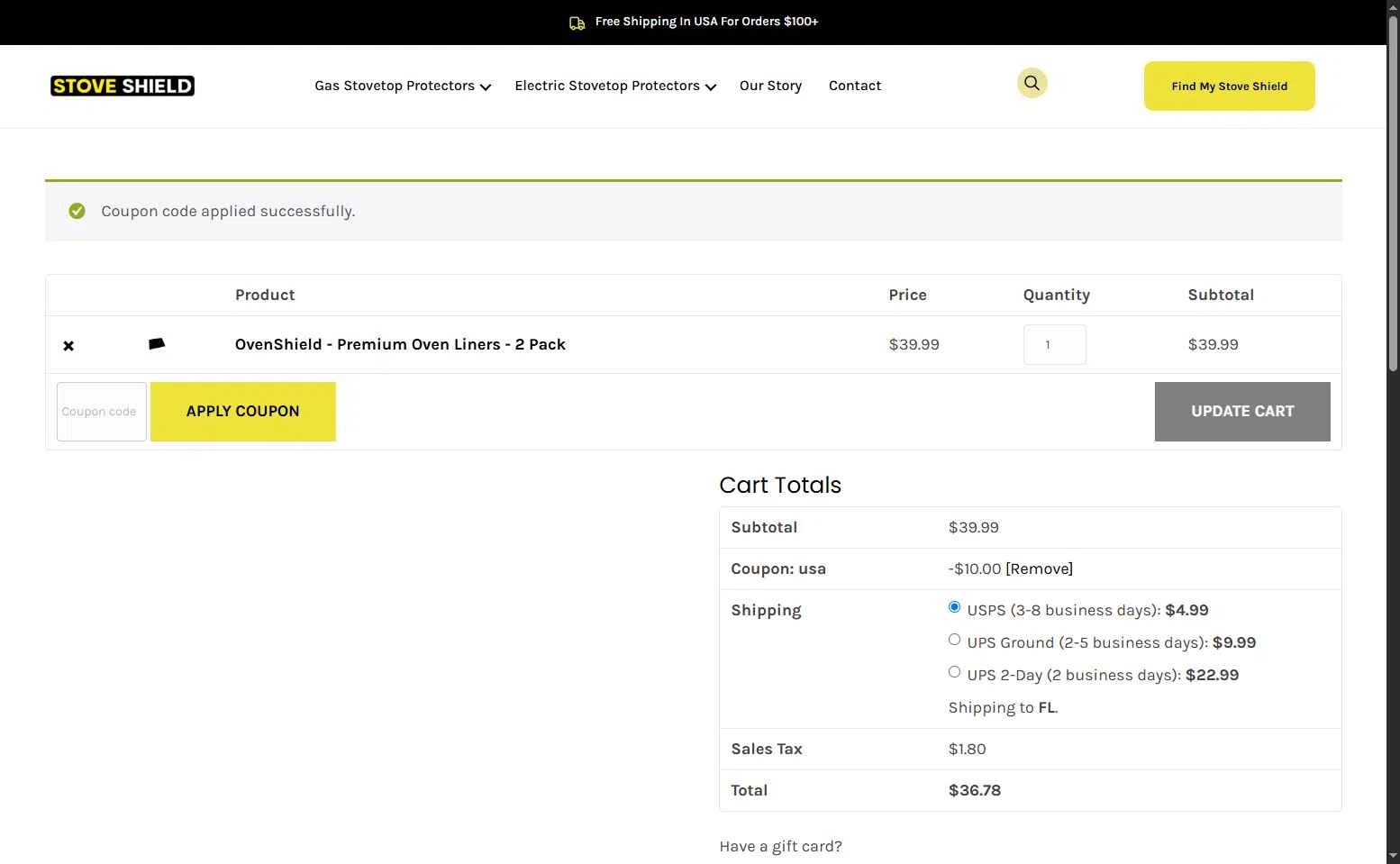 Stove Shield checkout page showing Stove Shield coupon code box | Screenshot taken by SimplyCodes community member on Aug 4, 2025