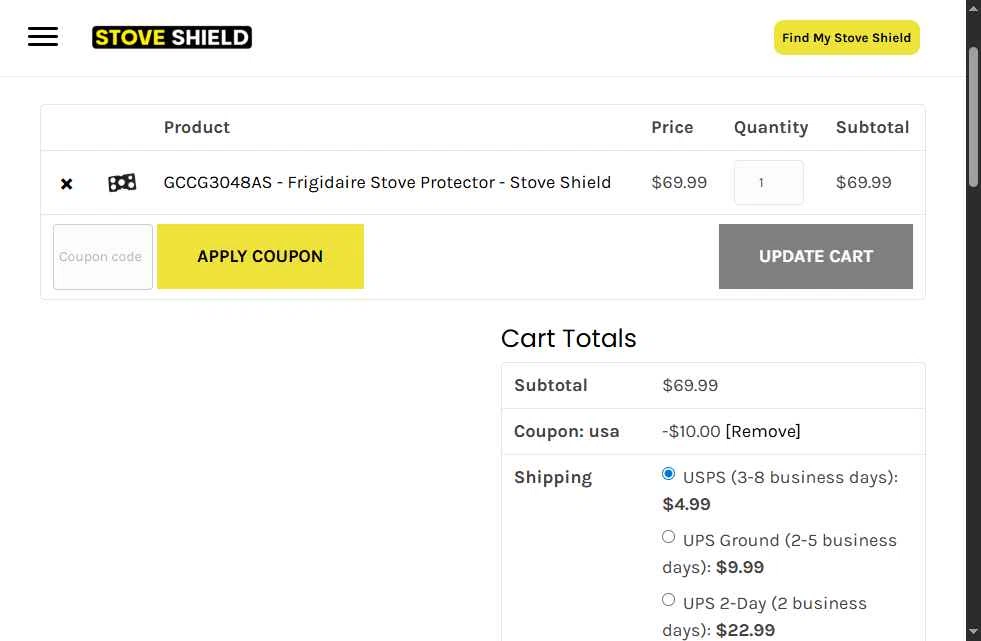 Stove Shield checkout page showing Stove Shield coupon code box | Screenshot taken by SimplyCodes community member on Sep 2, 2025