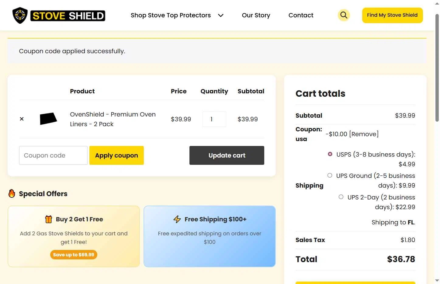 Stove Shield checkout page showing Stove Shield coupon code box | Screenshot taken by SimplyCodes community member on Oct 1, 2025
