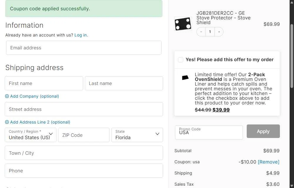 Stove Shield checkout page showing Stove Shield coupon code box | Screenshot taken by SimplyCodes community member on Oct 30, 2025
