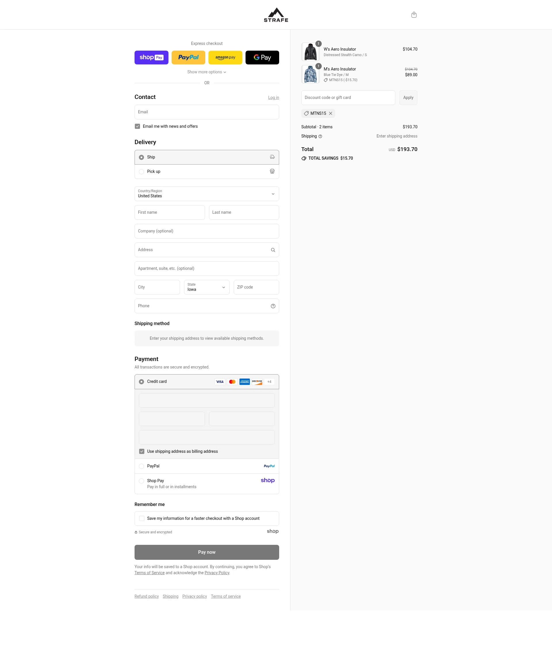 Strafe Outerwear checkout page showing Strafe Outerwear coupon code box | Screenshot taken by SimplyCodes community member on Aug 15, 2025