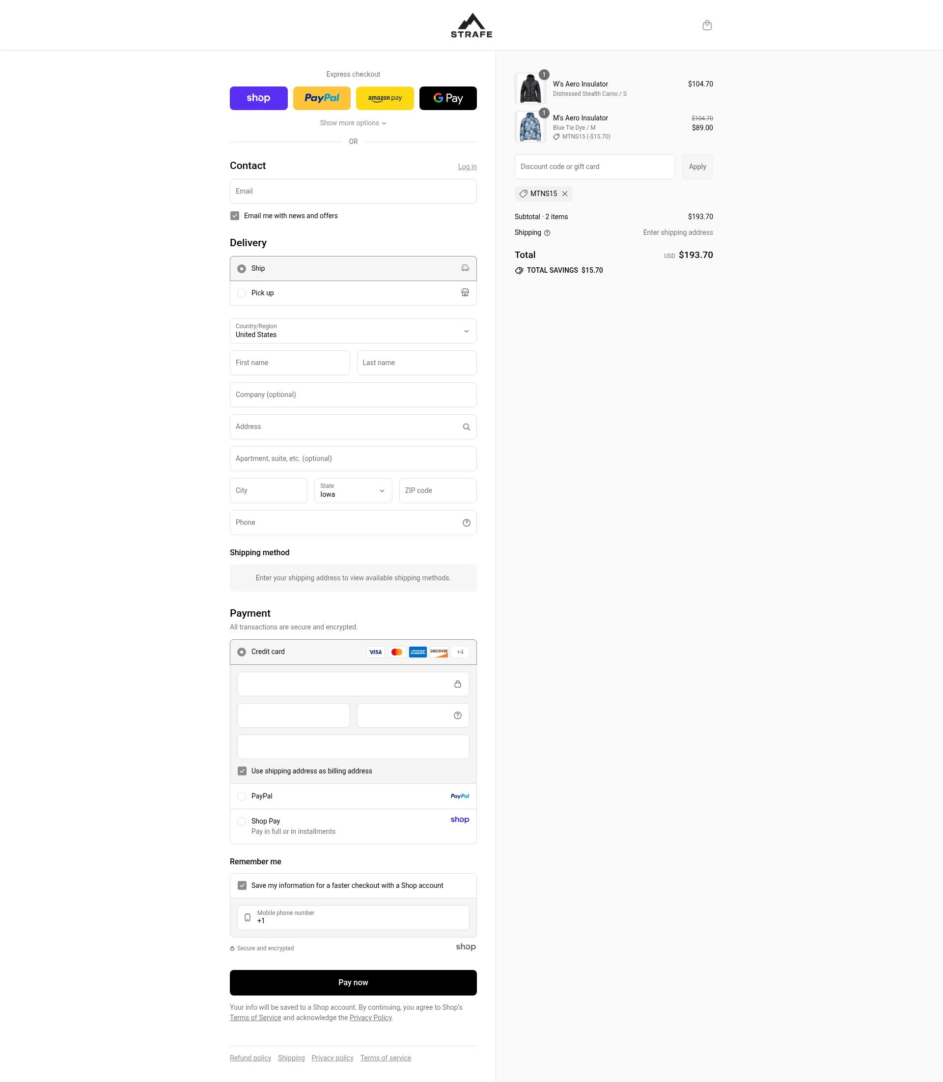 Strafe Outerwear checkout page showing Strafe Outerwear coupon code box | Screenshot taken by SimplyCodes community member on Sep 6, 2025