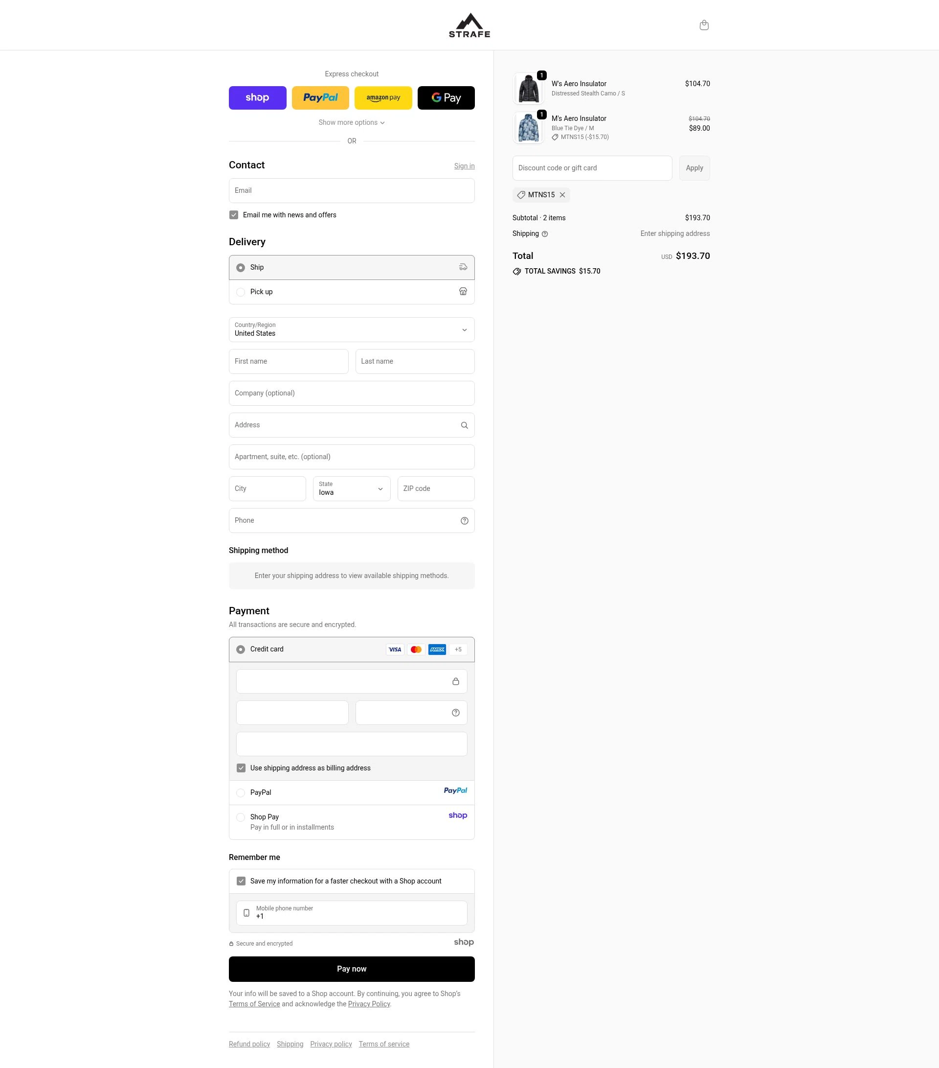 Strafe Outerwear checkout page showing Strafe Outerwear coupon code box | Screenshot taken by SimplyCodes community member on Sep 18, 2025