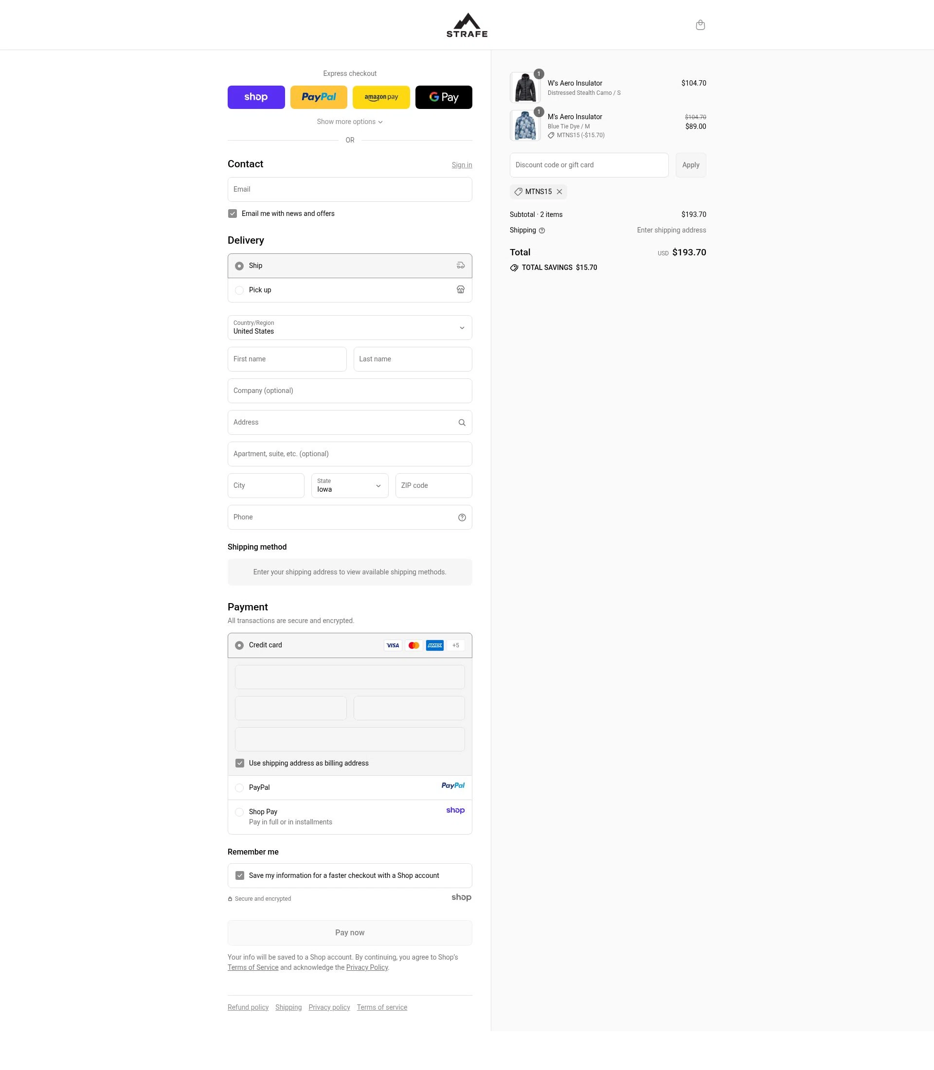 Strafe Outerwear checkout page showing Strafe Outerwear coupon code box | Screenshot taken by SimplyCodes community member on Sep 14, 2025
