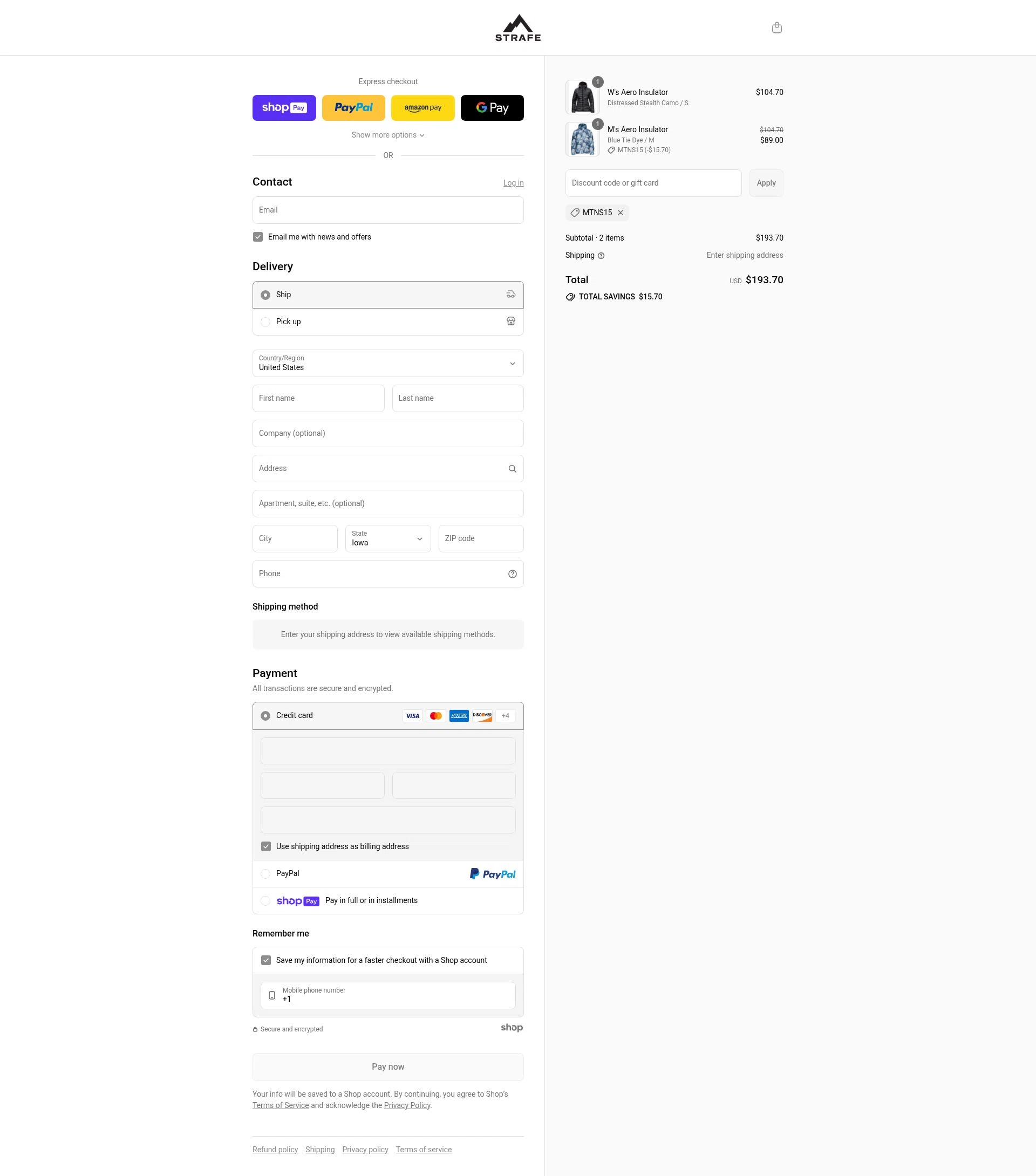 Strafe Outerwear checkout page showing Strafe Outerwear coupon code box | Screenshot taken by SimplyCodes community member on Aug 11, 2025