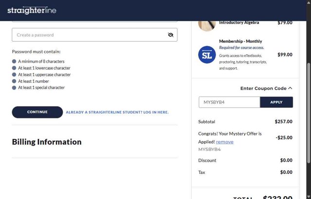 StraighterLine checkout page showing StraighterLine promo code box | Screenshot taken by SimplyCodes community member on Aug 10, 2025