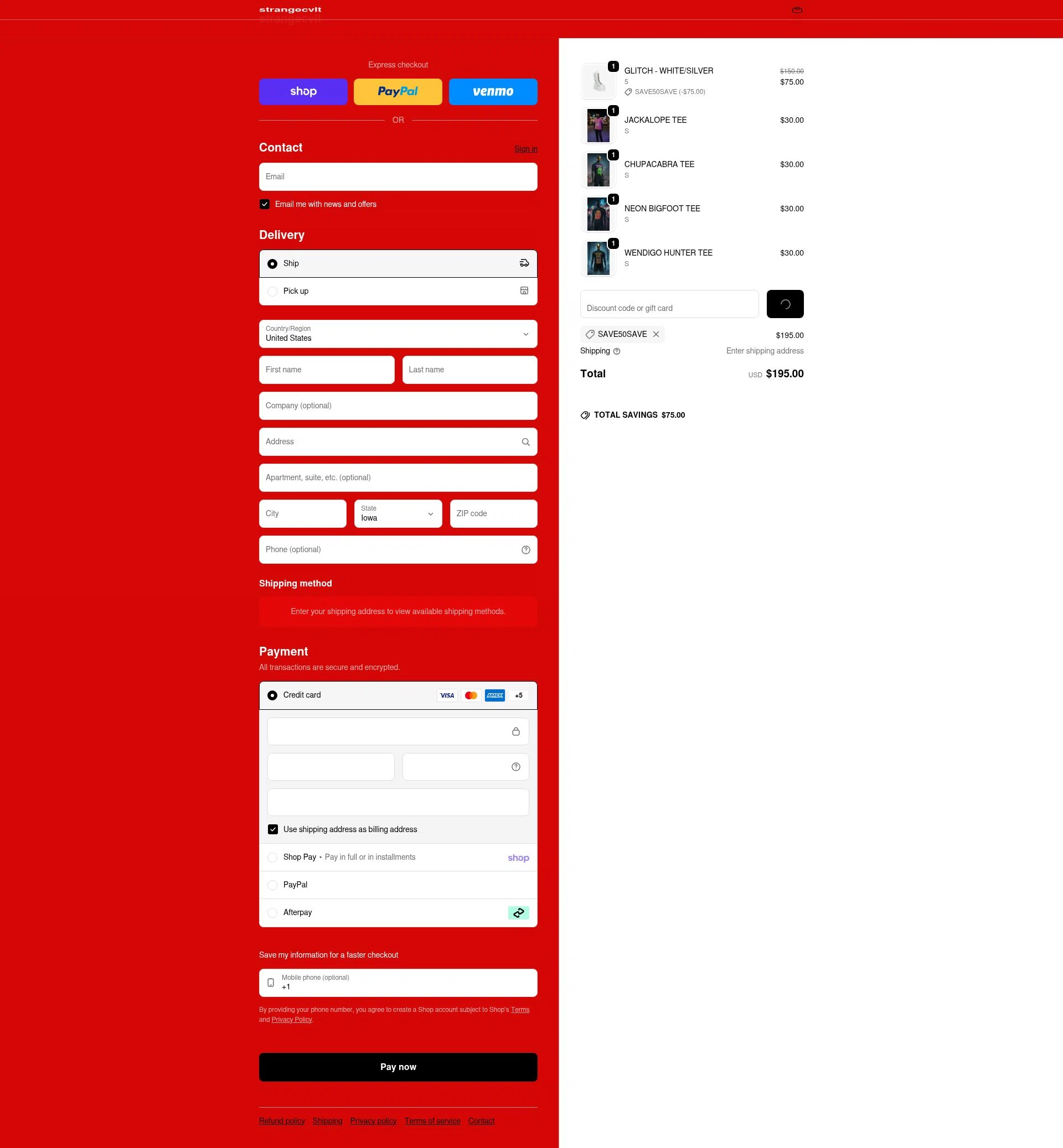 Strangecvlt checkout page showing Strangecvlt promo code box | Screenshot taken by SimplyCodes community member on Feb 20, 2026