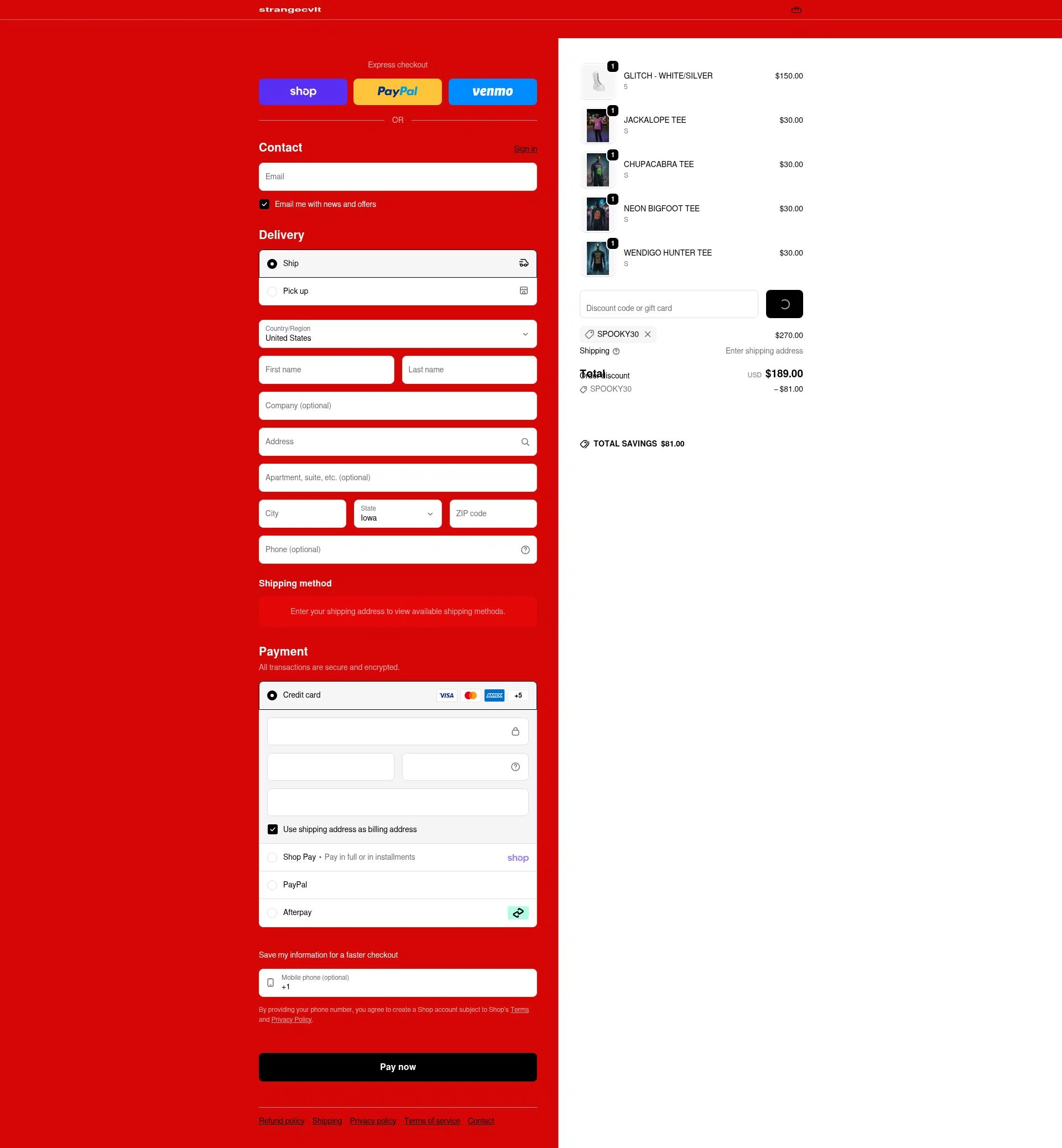 Strangecvlt checkout page showing Strangecvlt promo code box | Screenshot taken by SimplyCodes community member on Feb 20, 2026