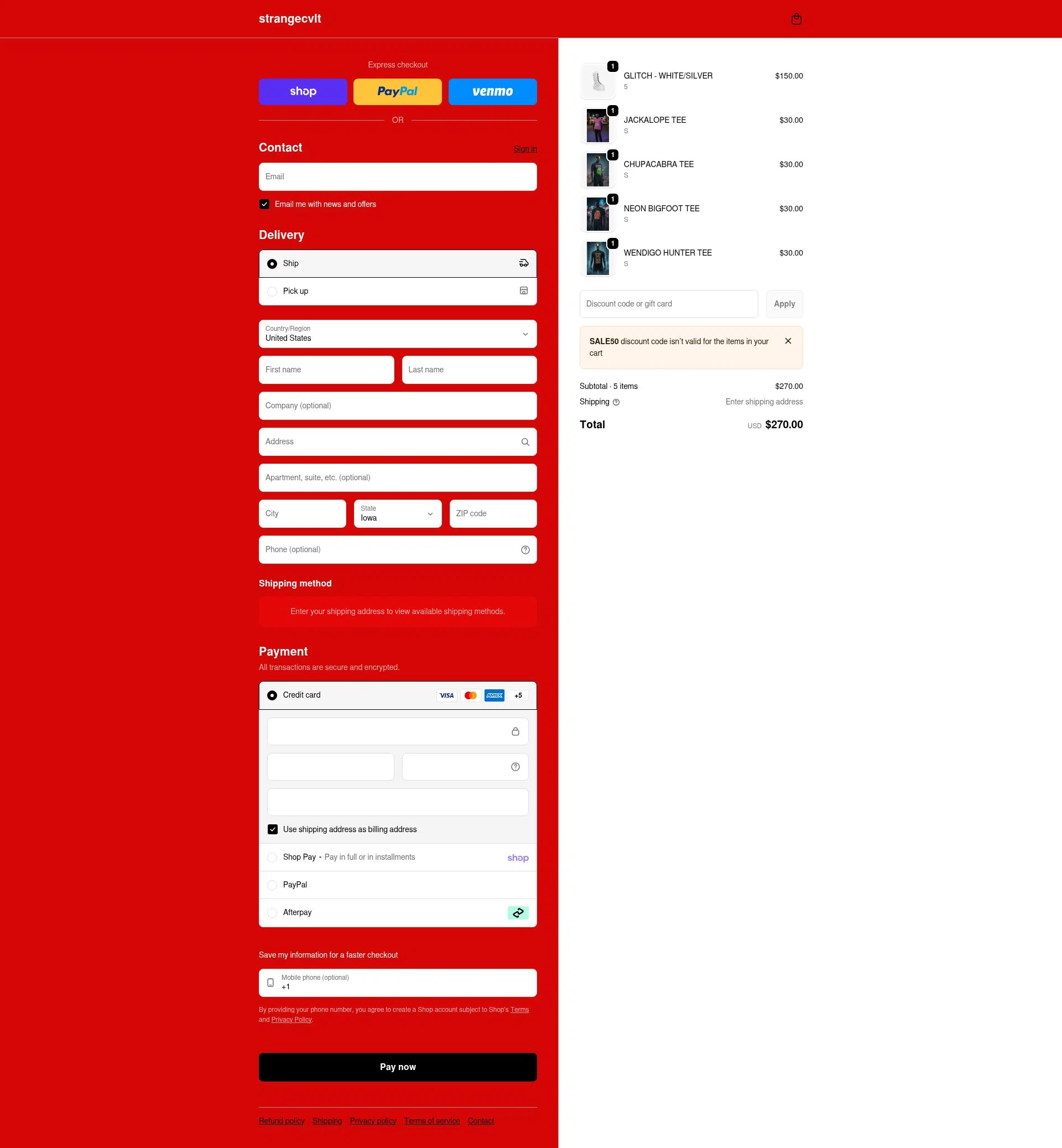 Strangecvlt checkout page showing Strangecvlt promo code box | Screenshot taken by SimplyCodes community member on Feb 20, 2026