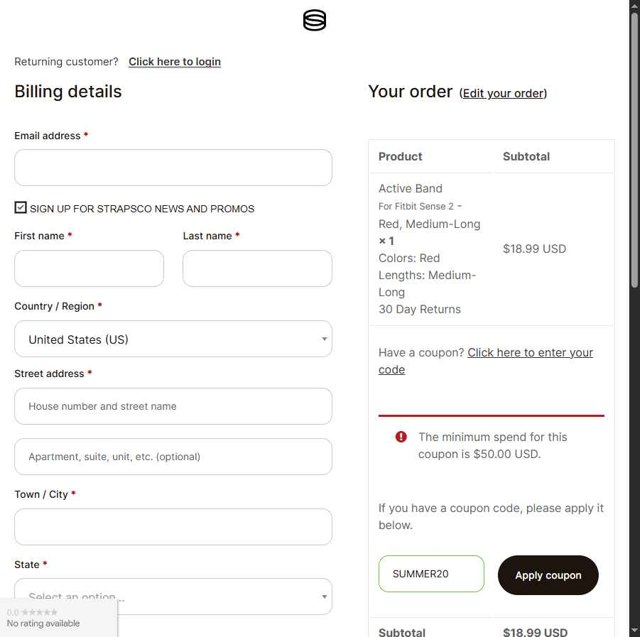 Strapsco checkout page showing Strapsco coupon code box | Screenshot taken by SimplyCodes community member on Aug 12, 2025