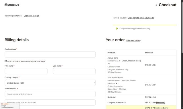 Strapsco checkout page showing Strapsco coupon code box | Screenshot taken by SimplyCodes community member on Aug 6, 2025