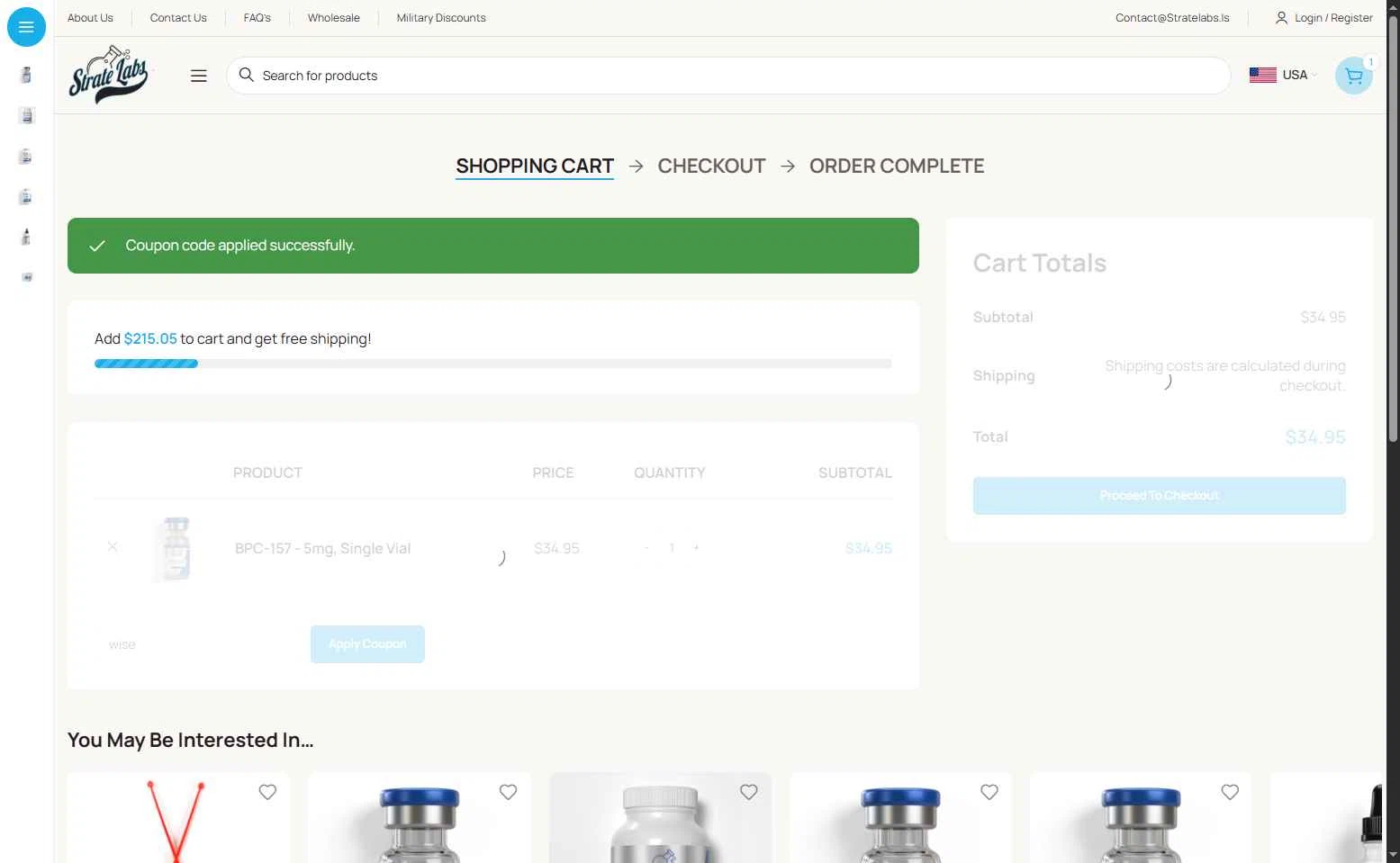 Strate Labs checkout page showing Strate Labs promo code box | Screenshot taken by SimplyCodes community member on Feb 5, 2026