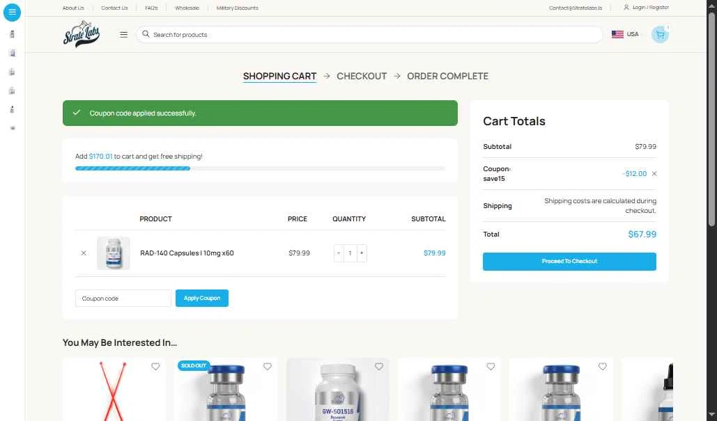 Strate Labs checkout page showing Strate Labs promo code box | Screenshot taken by SimplyCodes community member on Jan 8, 2026