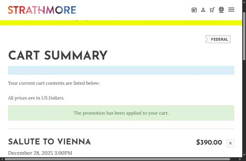 Strathmore MD checkout page showing Strathmore MD promo code box | Screenshot taken by SimplyCodes community member on Dec 27, 2025