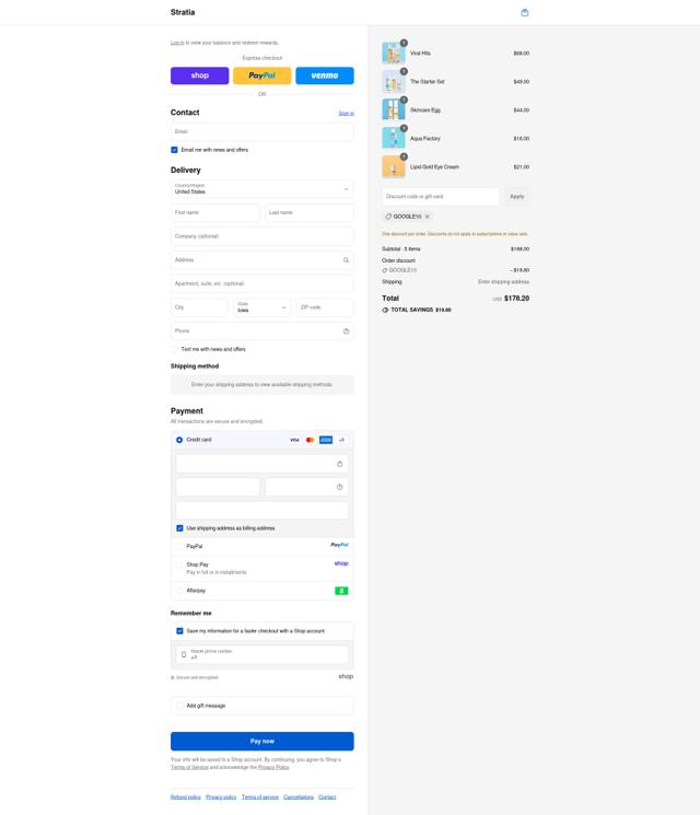 Stratia checkout page showing Stratia promo code box | Screenshot taken by SimplyCodes community member on Sep 14, 2025