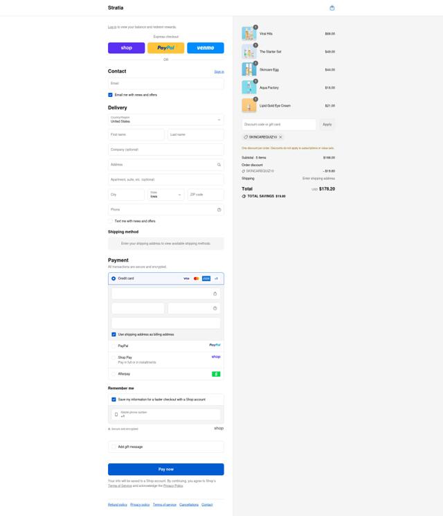 Stratia checkout page showing Stratia promo code box | Screenshot taken by SimplyCodes community member on Sep 14, 2025