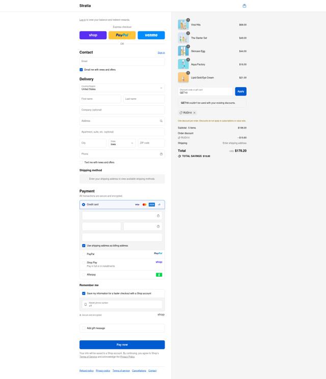 Stratia checkout page showing Stratia promo code box | Screenshot taken by SimplyCodes community member on Sep 10, 2025