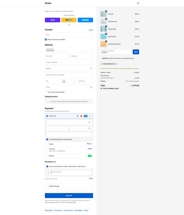 Stratia checkout page showing Stratia promo code box | Screenshot taken by SimplyCodes community member on Sep 10, 2025