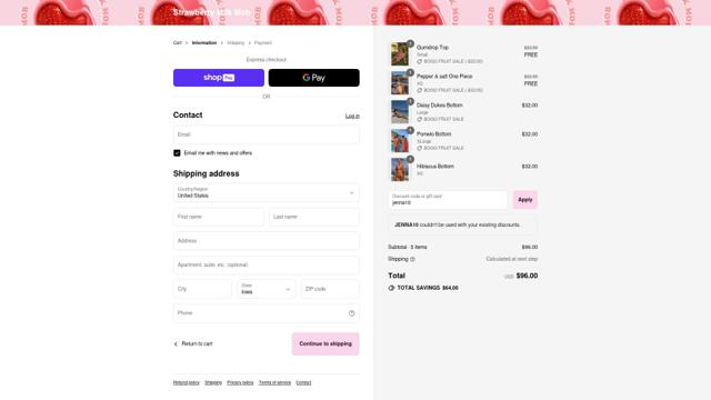 Strawberry Milk Mob checkout page showing Strawberry Milk Mob discount code box | Screenshot taken by SimplyCodes community member on Aug 17, 2025