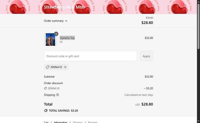 Strawberry Milk Mob checkout page showing Strawberry Milk Mob discount code box | Screenshot taken by SimplyCodes community member on Aug 9, 2025