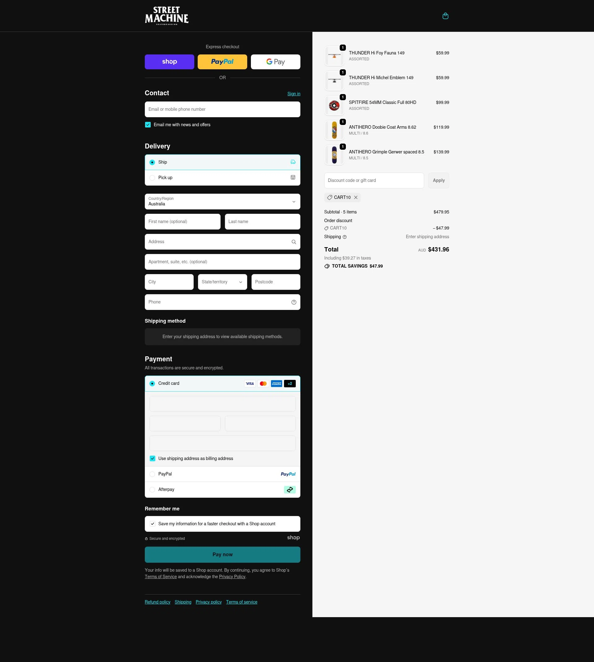 Street Machine Skate checkout page showing Street Machine Skate promo code box | Screenshot taken by SimplyCodes community member on Dec 3, 2025