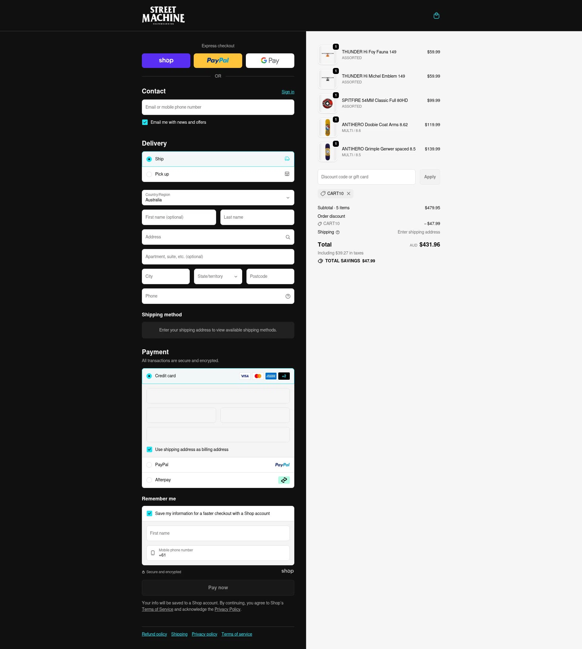 Street Machine Skate checkout page showing Street Machine Skate promo code box | Screenshot taken by SimplyCodes community member on Nov 28, 2025