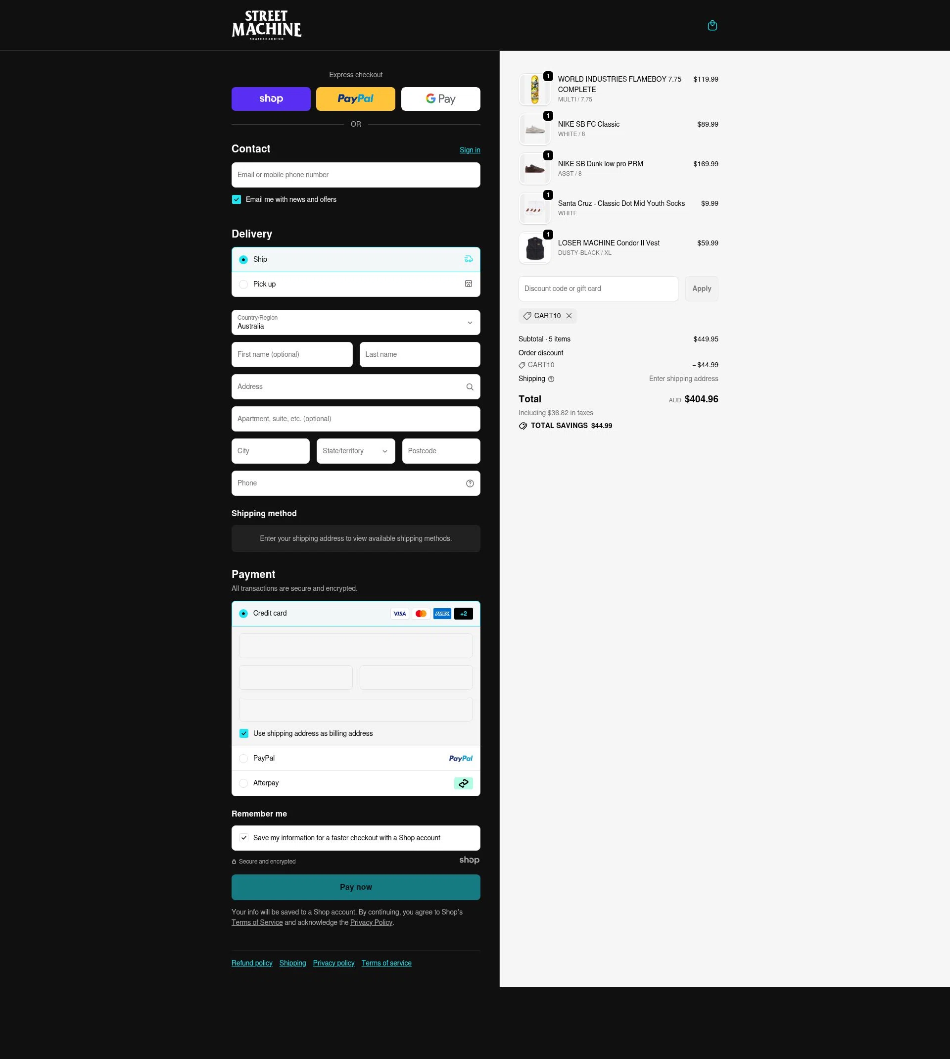 Street Machine Skate checkout page showing Street Machine Skate promo code box | Screenshot taken by SimplyCodes community member on Dec 9, 2025