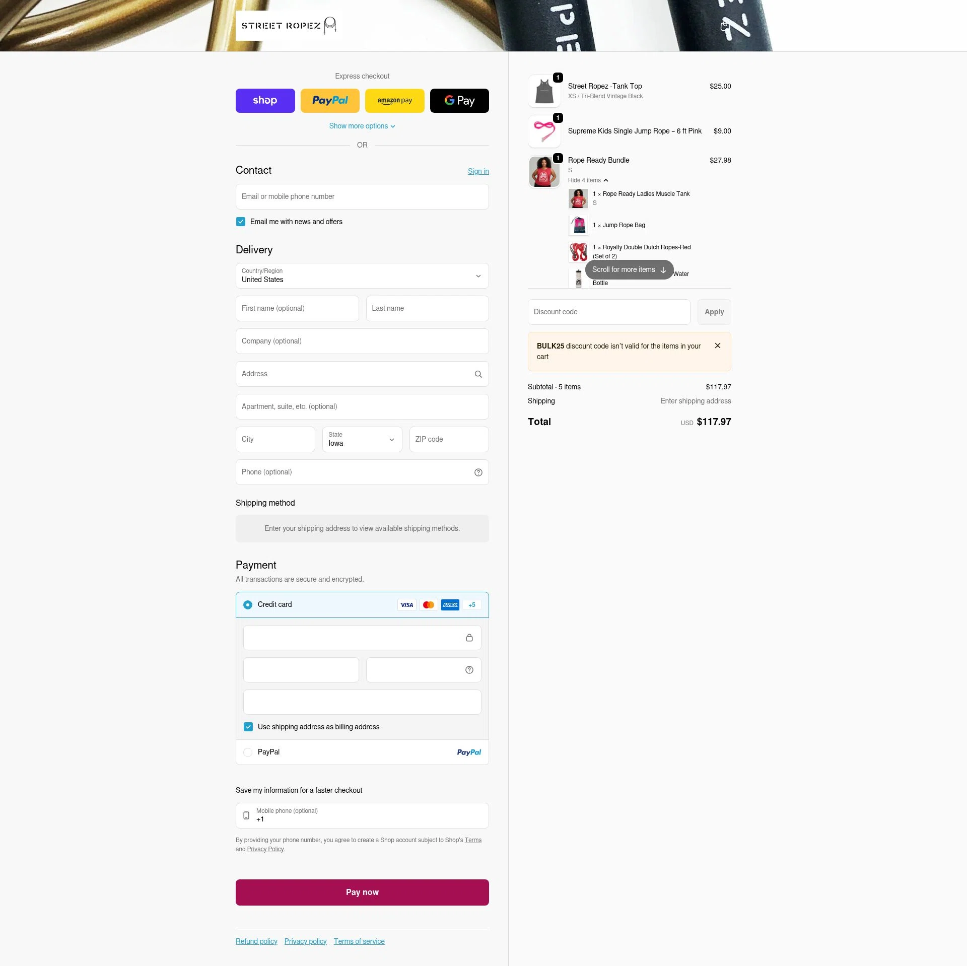 Street Ropez! checkout page showing Street Ropez! promo code box | Screenshot taken by SimplyCodes community member on Feb 5, 2026