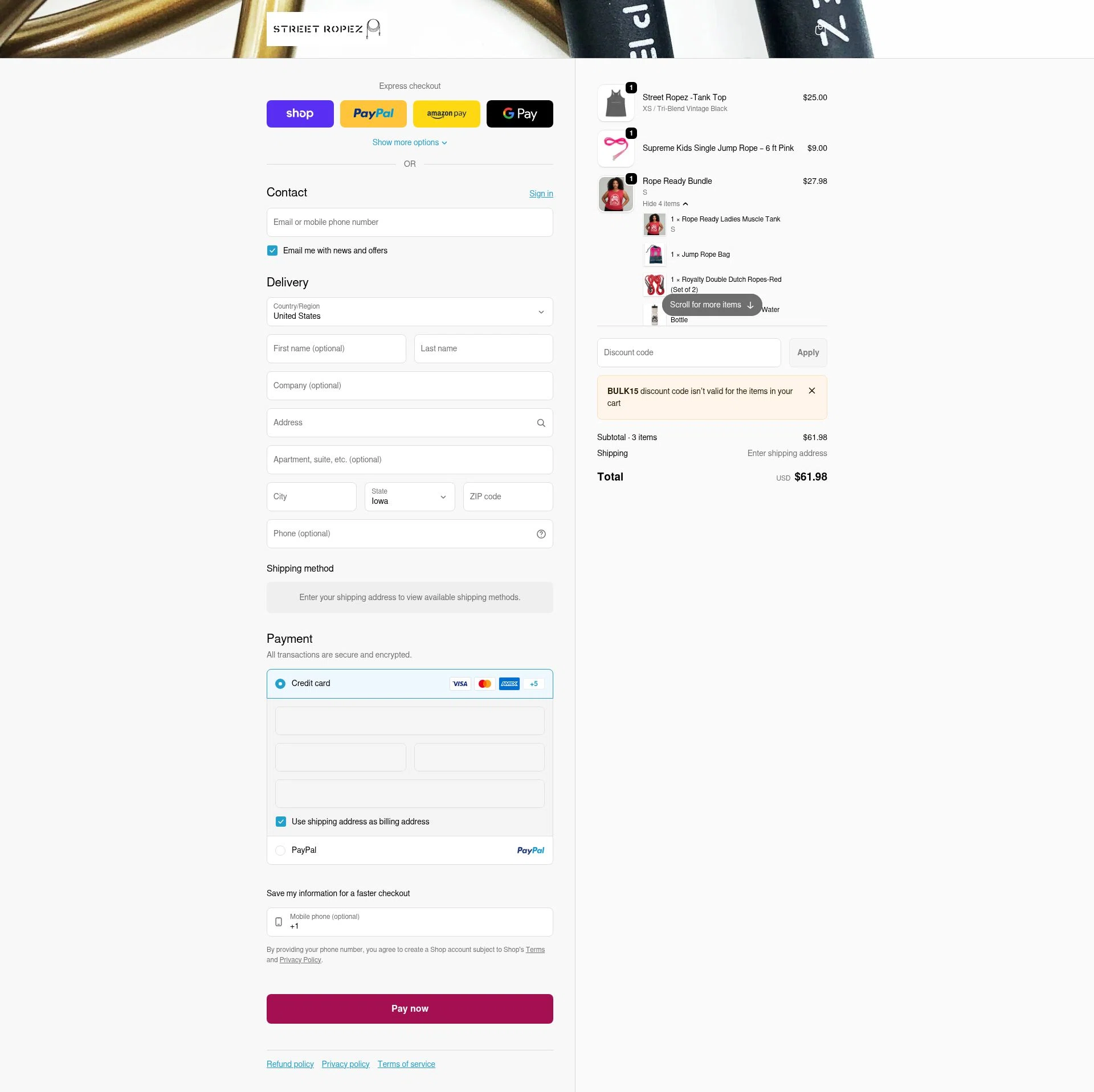 Street Ropez! checkout page showing Street Ropez! promo code box | Screenshot taken by SimplyCodes community member on Feb 9, 2026