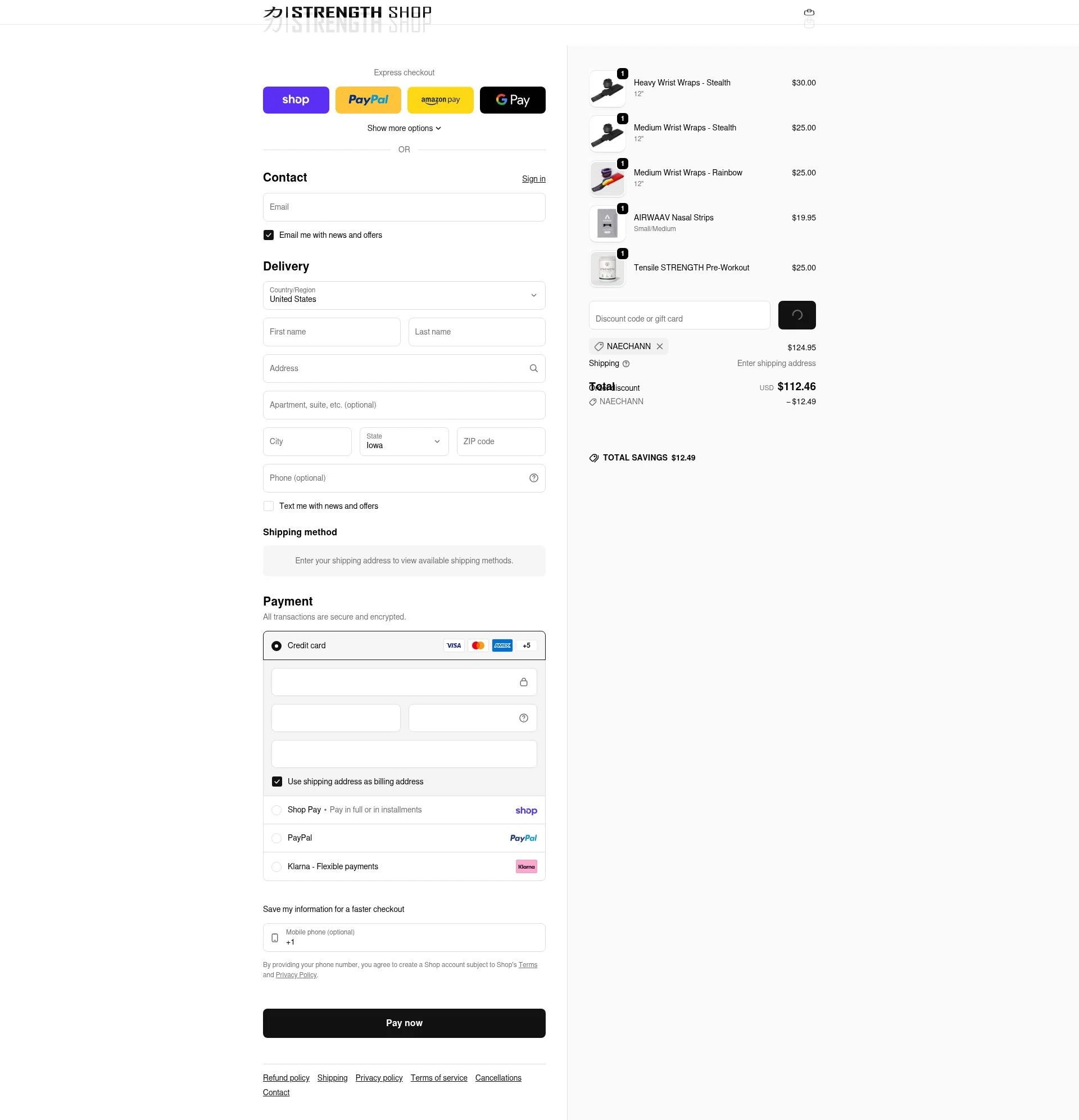 Strength Shop USA checkout page showing Strength Shop USA promo code box | Screenshot taken by SimplyCodes community member on Feb 4, 2026