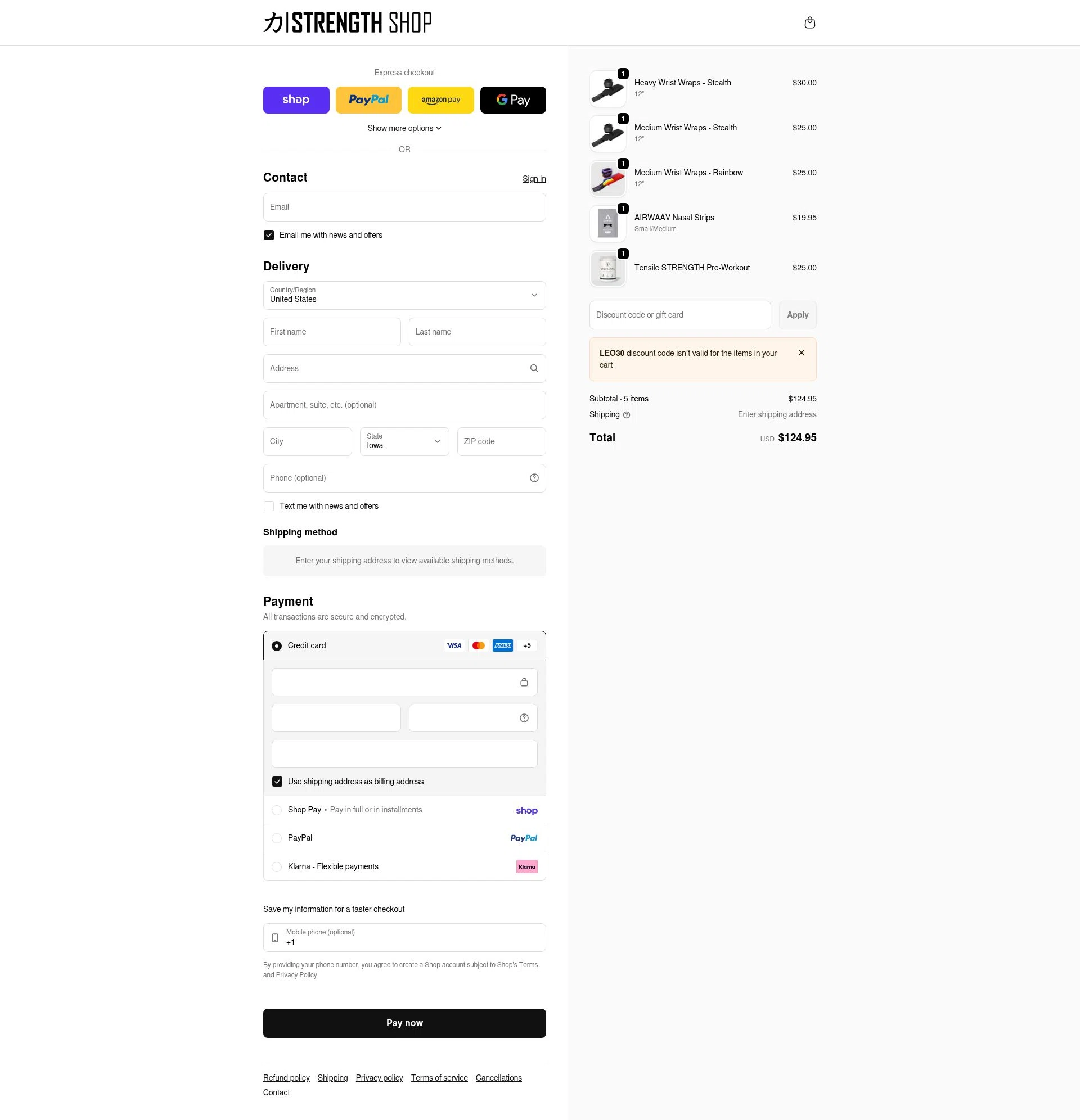 Strength Shop USA checkout page showing Strength Shop USA promo code box | Screenshot taken by SimplyCodes community member on Feb 8, 2026
