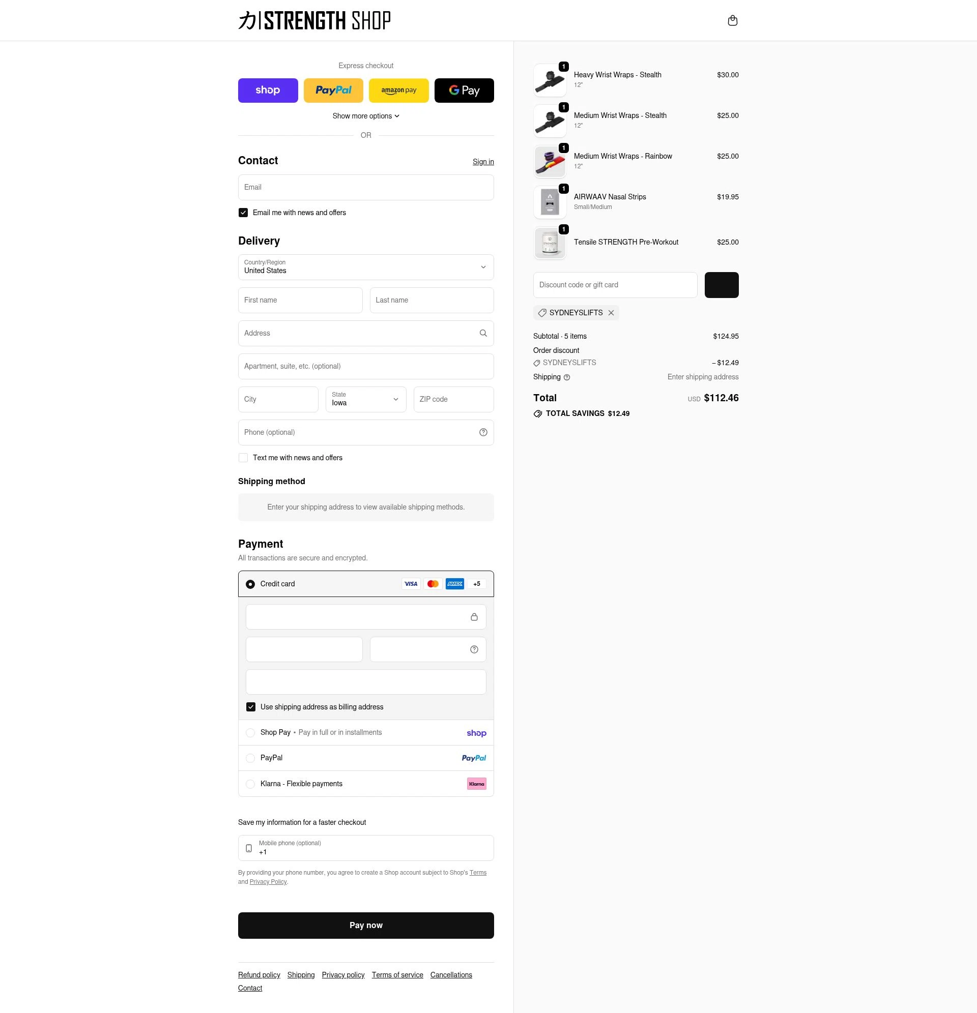 Strength Shop USA checkout page showing Strength Shop USA promo code box | Screenshot taken by SimplyCodes community member on Feb 4, 2026