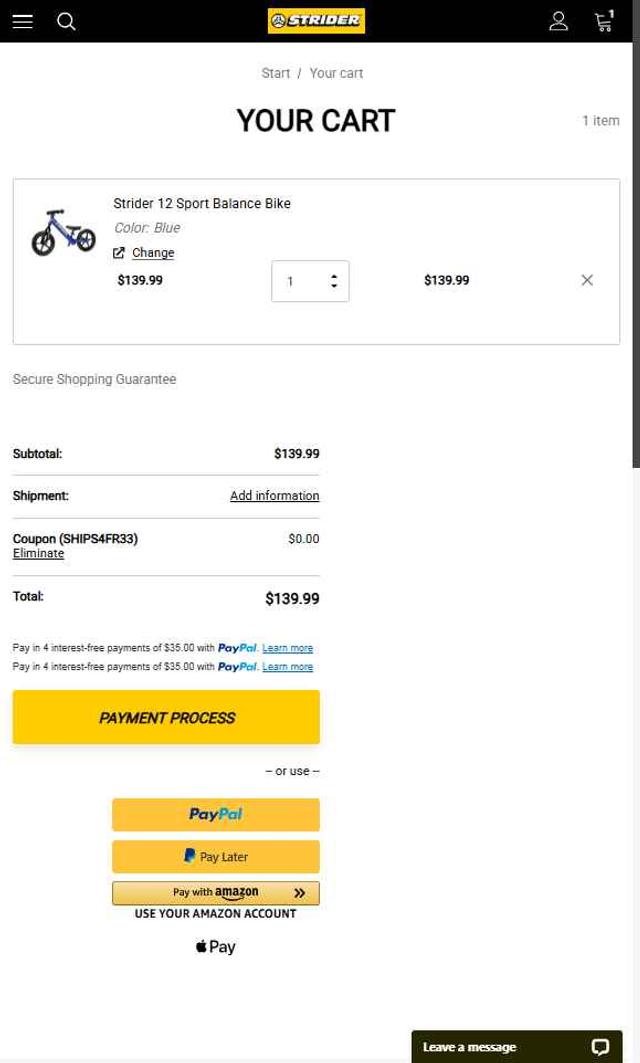 Strider Bikes checkout page showing Strider Bikes discount code box | Screenshot taken by SimplyCodes community member on Sep 3, 2025