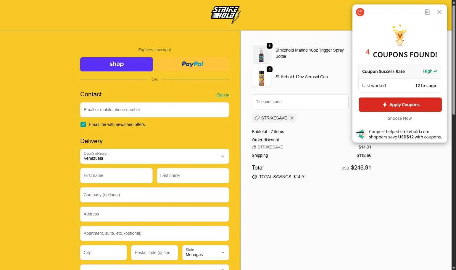 StrikeHold checkout page showing StrikeHold promo code box | Screenshot taken by SimplyCodes community member on Jan 9, 2026