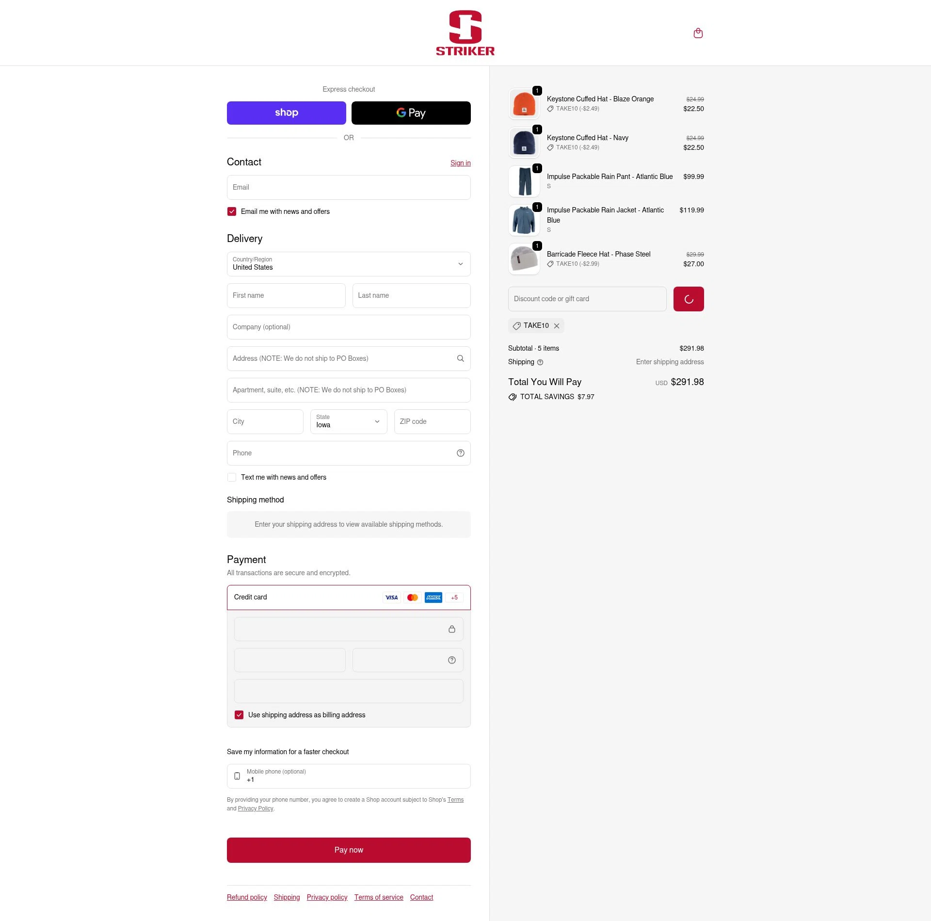 Striker Brands checkout page showing Striker Brands discount code box | Screenshot taken by SimplyCodes community member on Feb 1, 2026