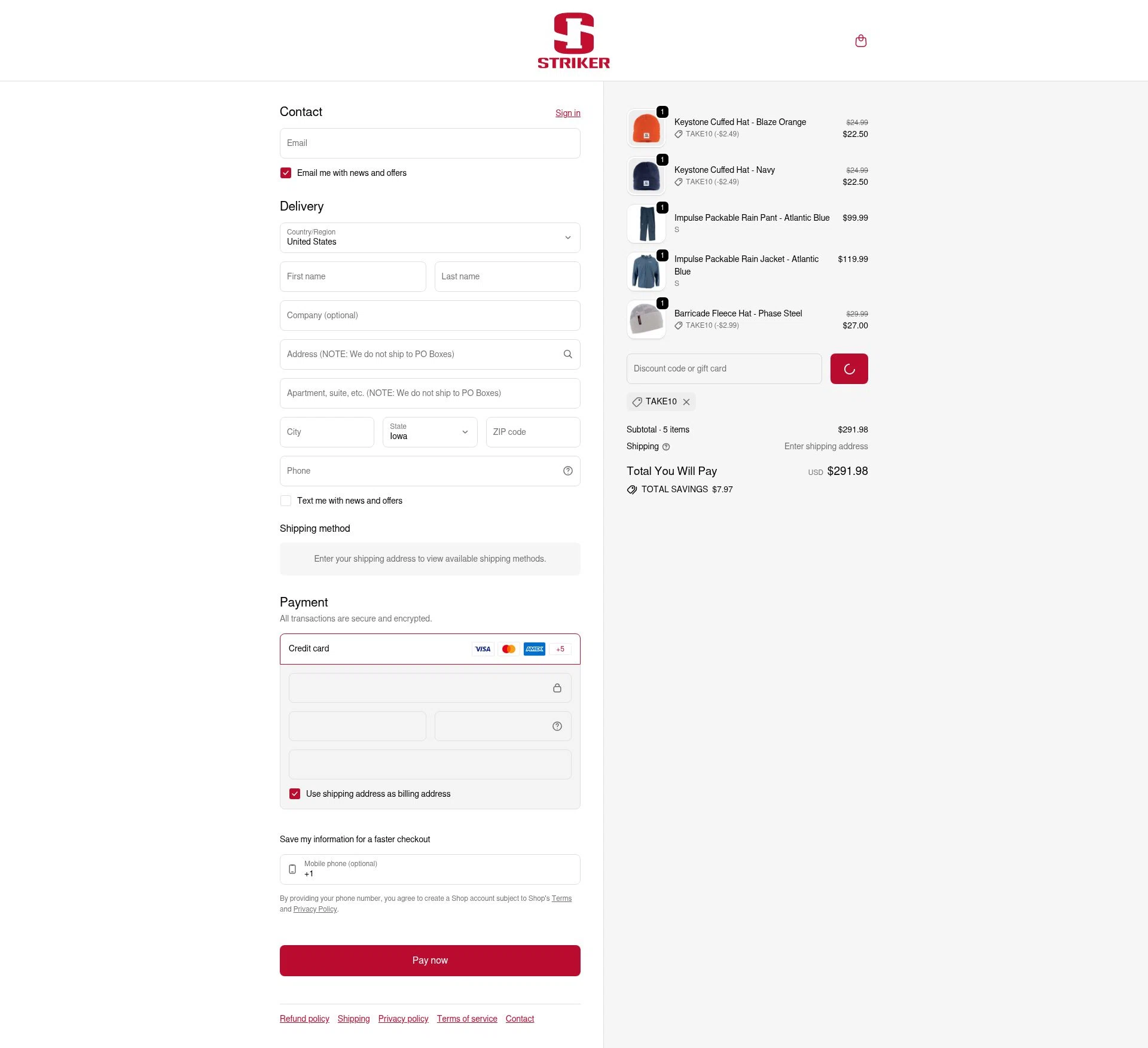 Striker Brands checkout page showing Striker Brands discount code box | Screenshot taken by SimplyCodes community member on Feb 9, 2026