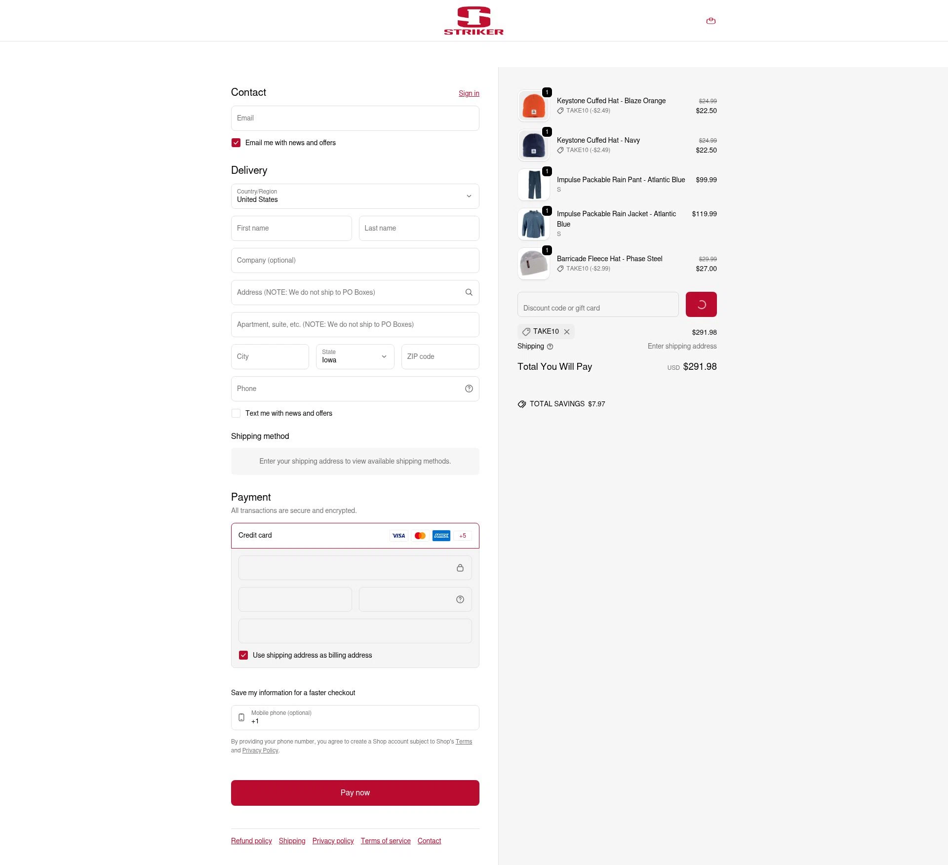 Striker Brands checkout page showing Striker Brands discount code box | Screenshot taken by SimplyCodes community member on Feb 5, 2026