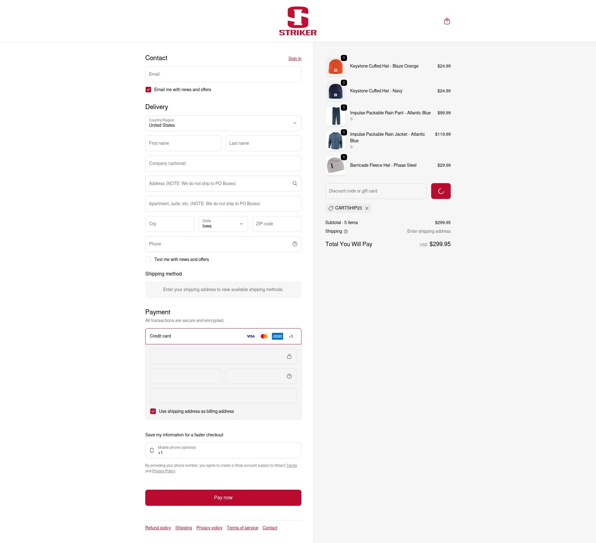 Striker Brands checkout page showing Striker Brands discount code box | Screenshot taken by SimplyCodes community member on Feb 5, 2026