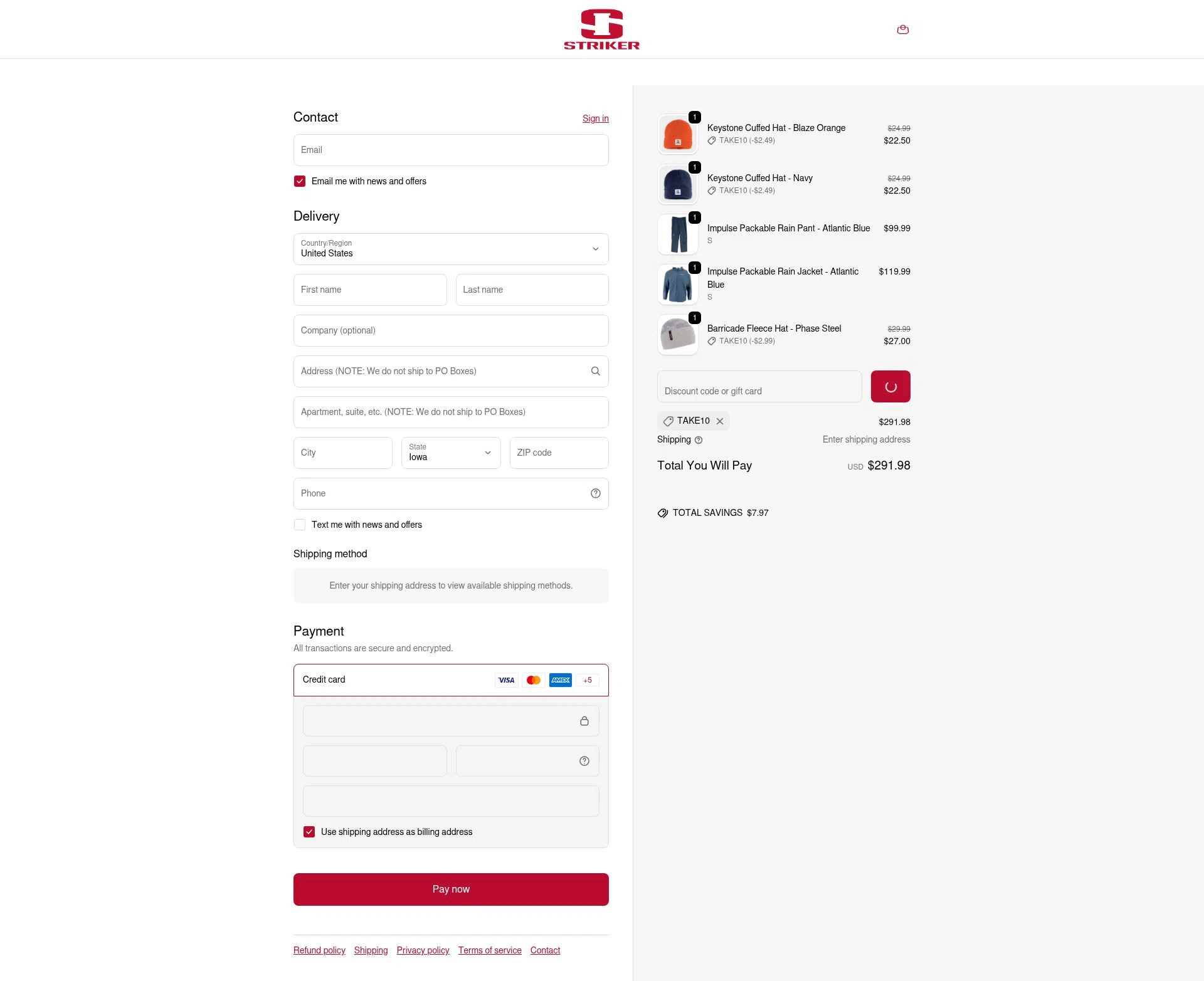 Striker Brands checkout page showing Striker Brands discount code box | Screenshot taken by SimplyCodes community member on Feb 14, 2026
