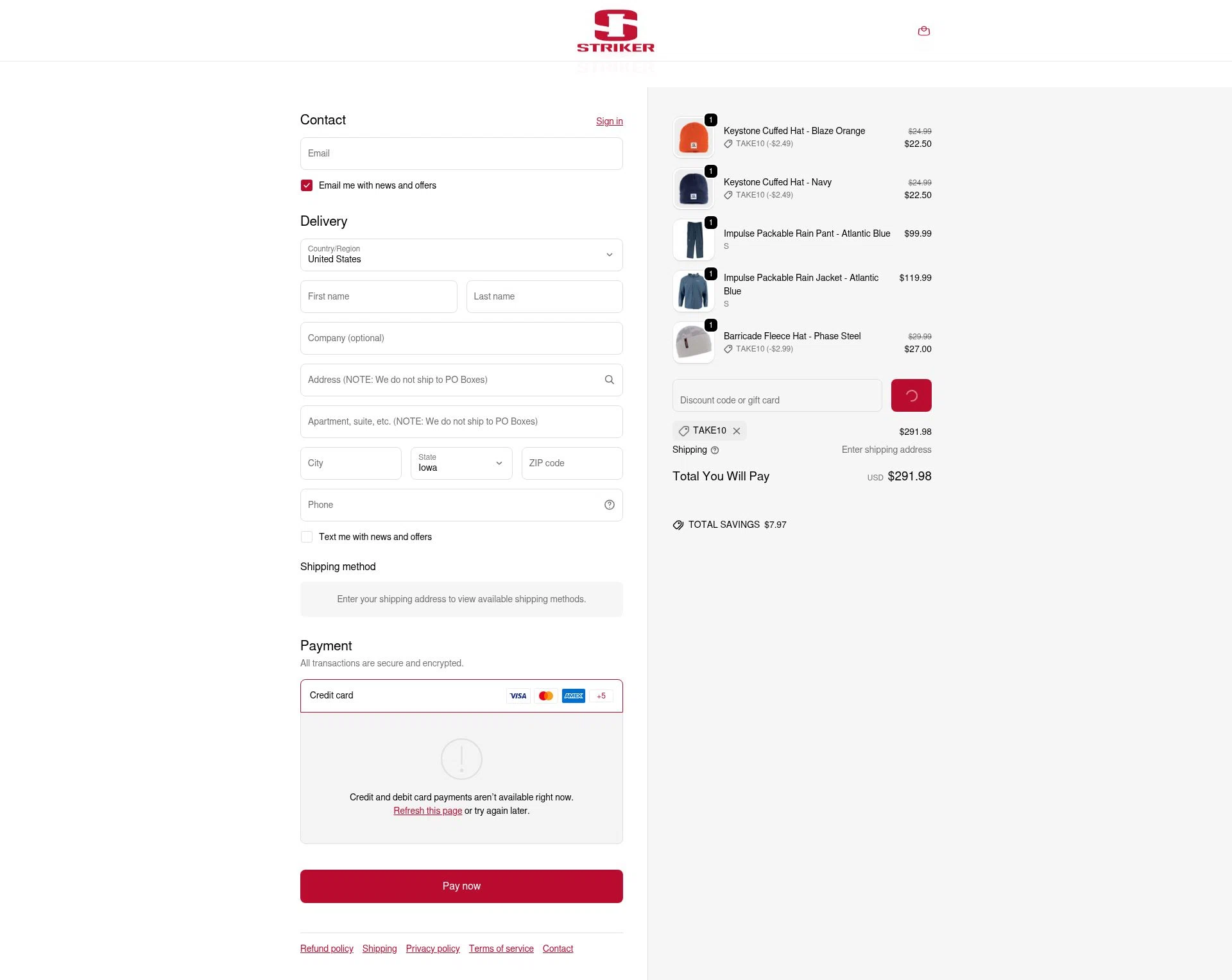 Striker Brands checkout page showing Striker Brands discount code box | Screenshot taken by SimplyCodes community member on Feb 18, 2026