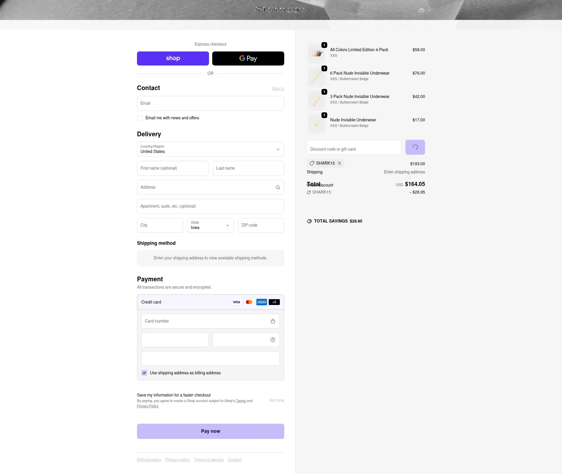 Stringys checkout page showing Stringys discount code box | Screenshot taken by SimplyCodes community member on Feb 16, 2026