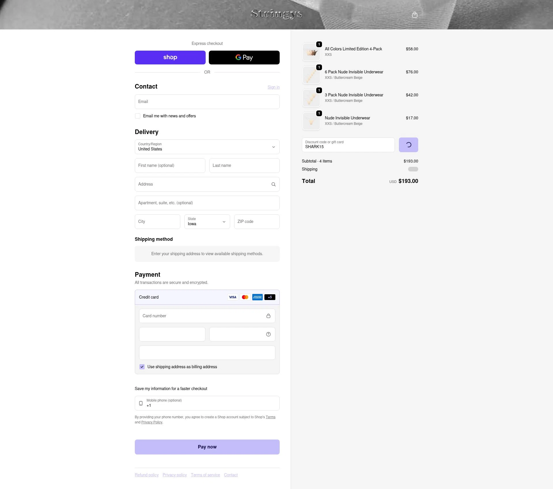 Stringys checkout page showing Stringys discount code box | Screenshot taken by SimplyCodes community member on Feb 8, 2026
