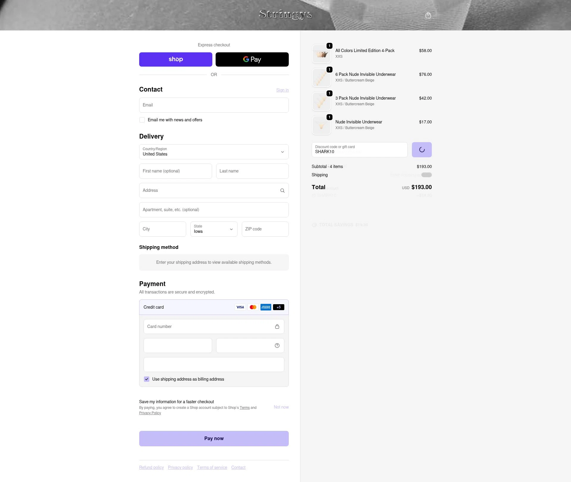 Stringys checkout page showing Stringys discount code box | Screenshot taken by SimplyCodes community member on Feb 16, 2026